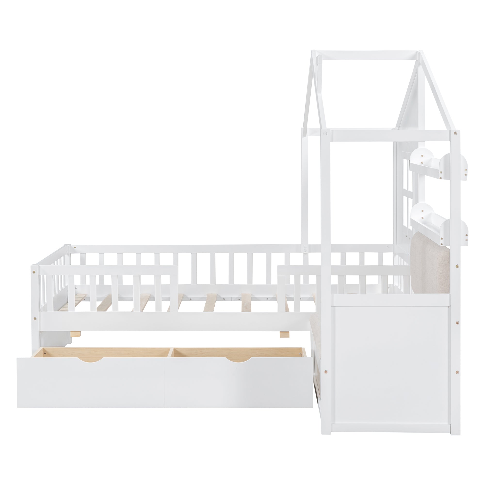 Twin Size House Bed with Sofa, Kids Platform Bed with Two Drawers and Storage Shelf, White - Atlantic Fine Furniture Melbourne FL