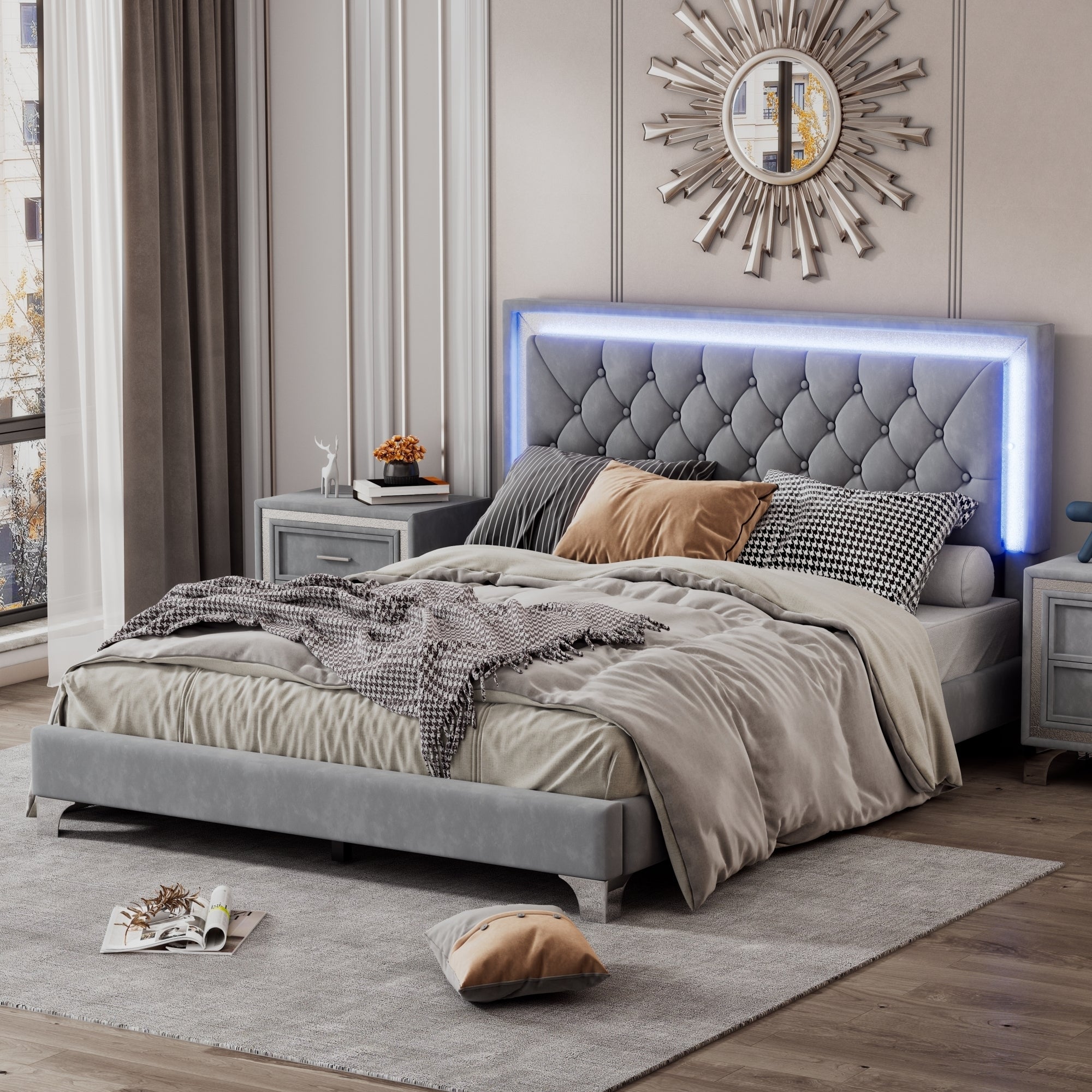 Queen Size Upholstered Bed Frame with LED Lights,Modern Velvet Platform Bed with Tufted Headboard,Gray - Atlantic Fine Furniture Melbourne FL