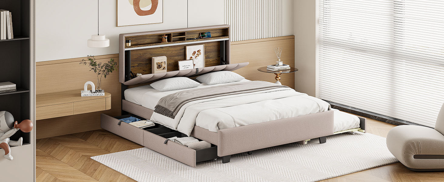 Queen size Upholstered Platform Bed with Storage Headboard, Twin XL Size Trundle & 2 drawers and a set of Sockets & USB Ports, Linen Fabric, Beige - Atlantic Fine Furniture Melbourne FL