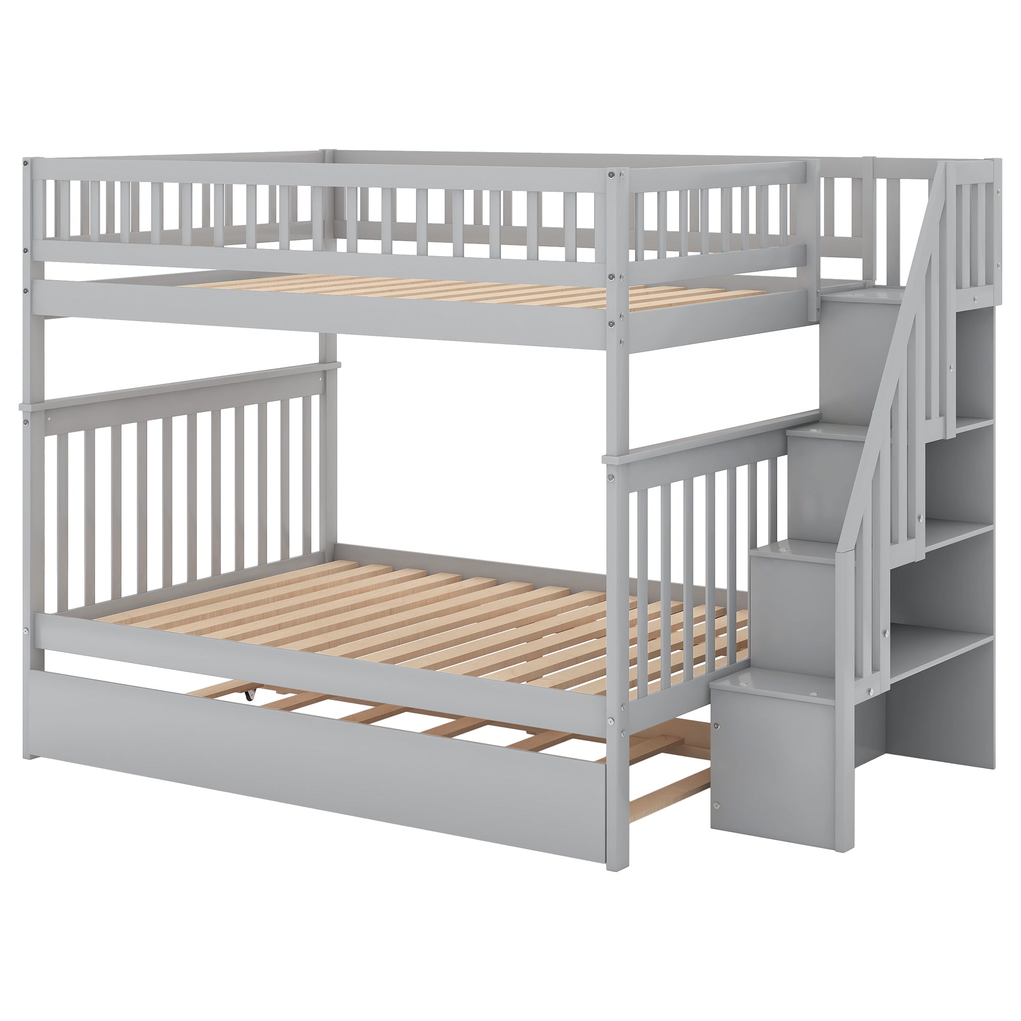 Full over Full Bunk Bed with Trundle and Staircase,Gray - Atlantic Fine Furniture Melbourne FL