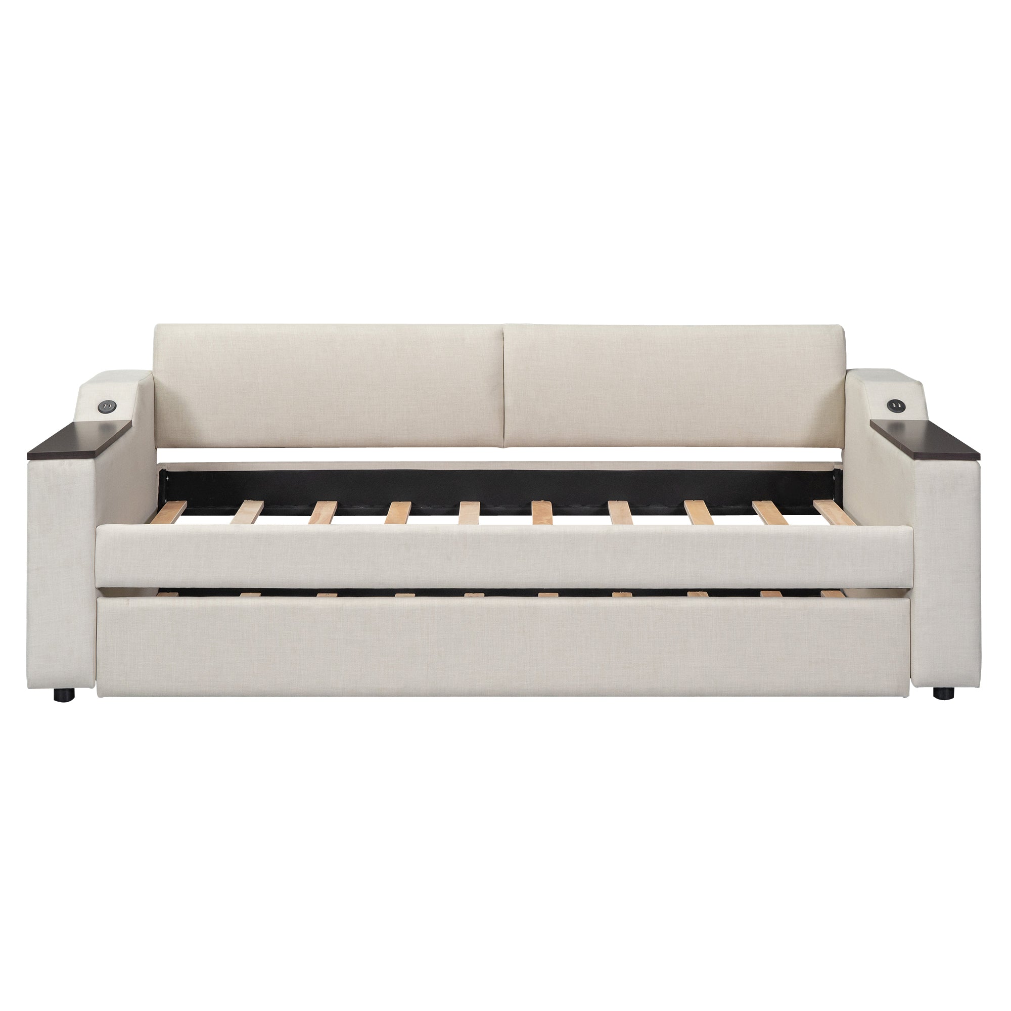 Twin Size Upholstery Daybed with Storage Arms, Trundle and USB Design, Beige - Atlantic Fine Furniture Melbourne FL