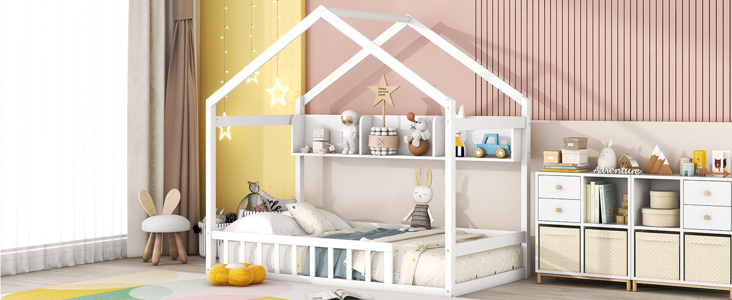 Wooden Twin Size House Bed with Storage Shelf,Kids Bed with Fence and Roof, White - Atlantic Fine Furniture Melbourne FL