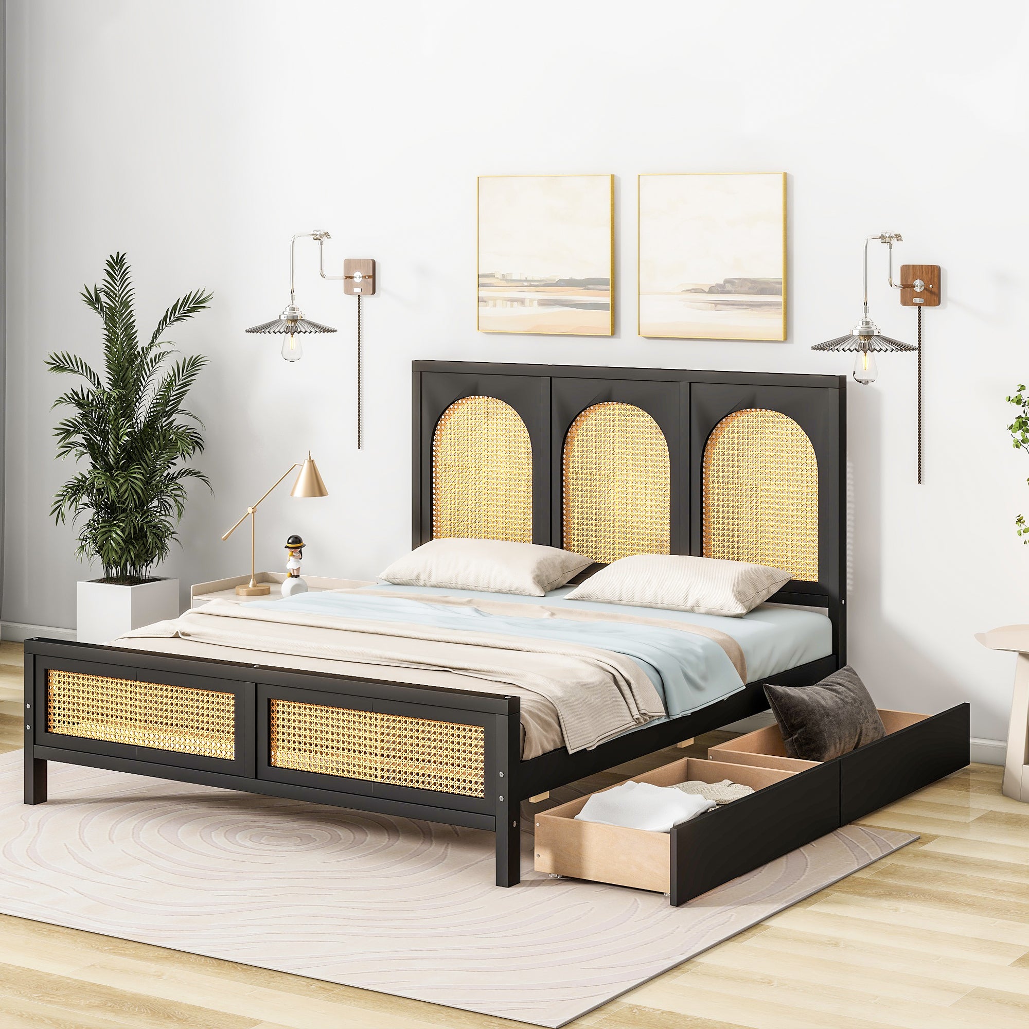 Full Size Wood Storage Platform Bed with 2 Drawers, Rattan Headboard and Footboard, Black - Atlantic Fine Furniture Melbourne FL