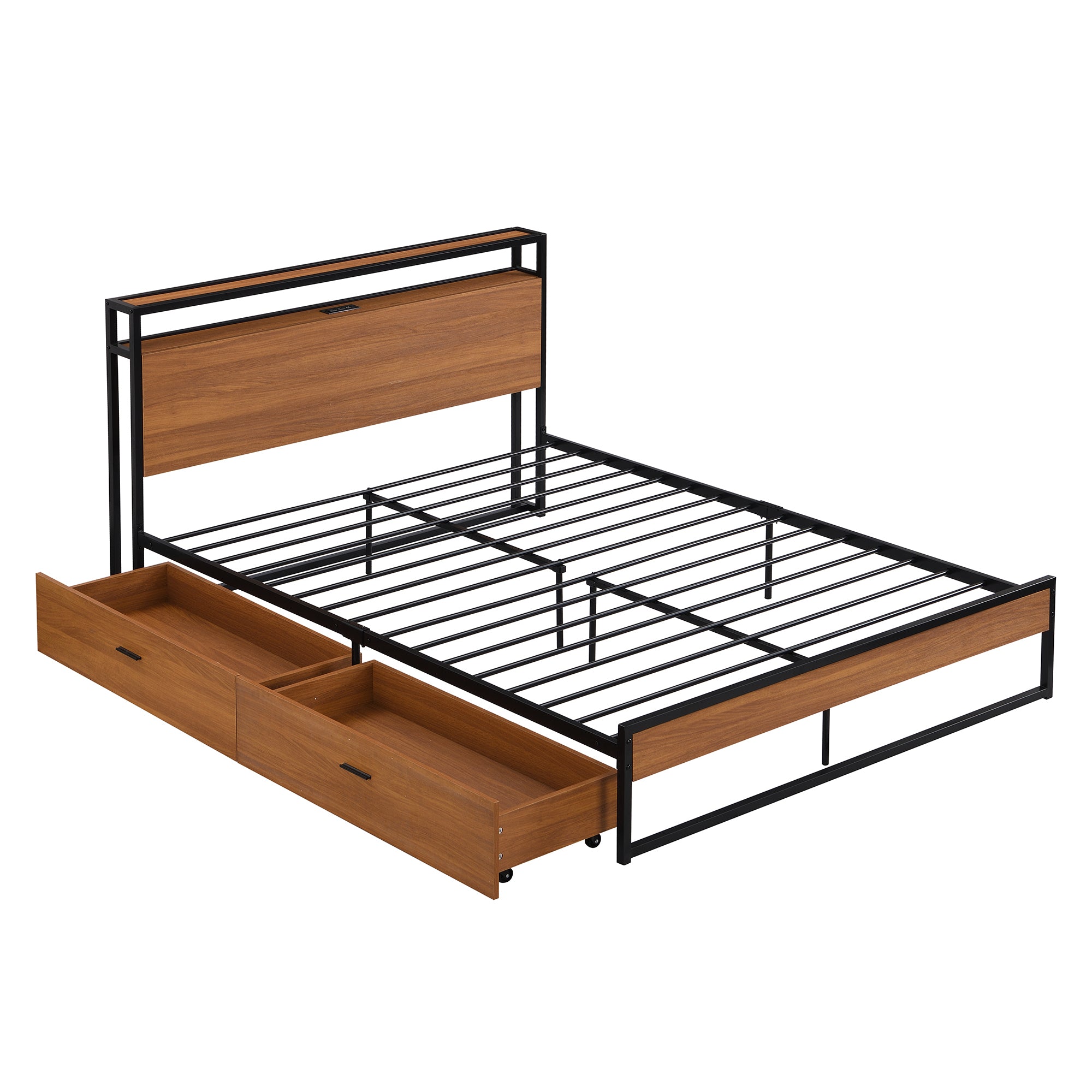 Queen Size Metal Platform Bed Frame with Two Drawers,Sockets and USB Ports ,Slat Support No Box Spring Needed Black - Atlantic Fine Furniture Melbourne FL