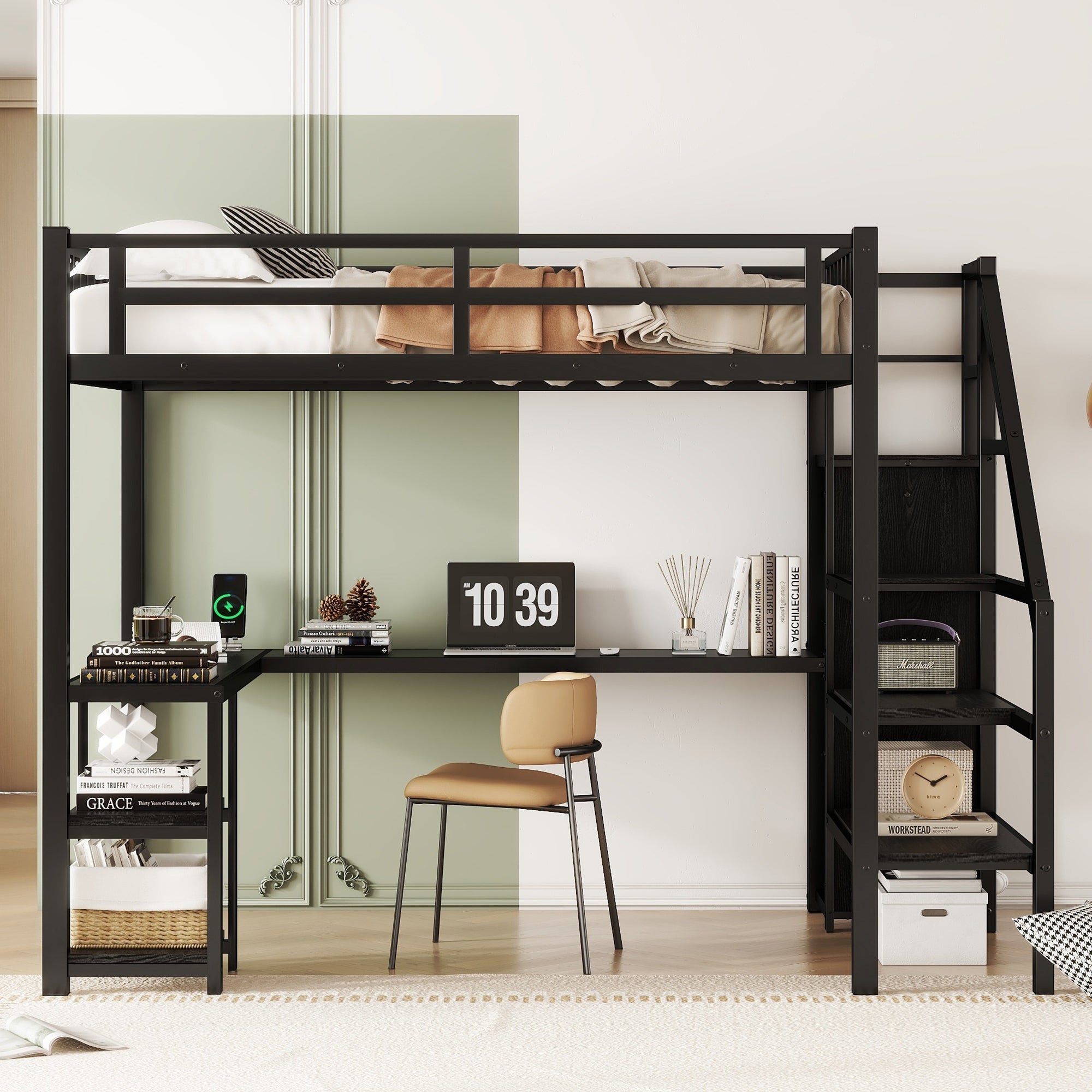 Metal Full Loft Bed with Wardrobe and LED Light, Full Size Loft Bed with L Shaped Desk and USB for Kids Teens Adults, Black (Expect arrival date 2024/5/19)