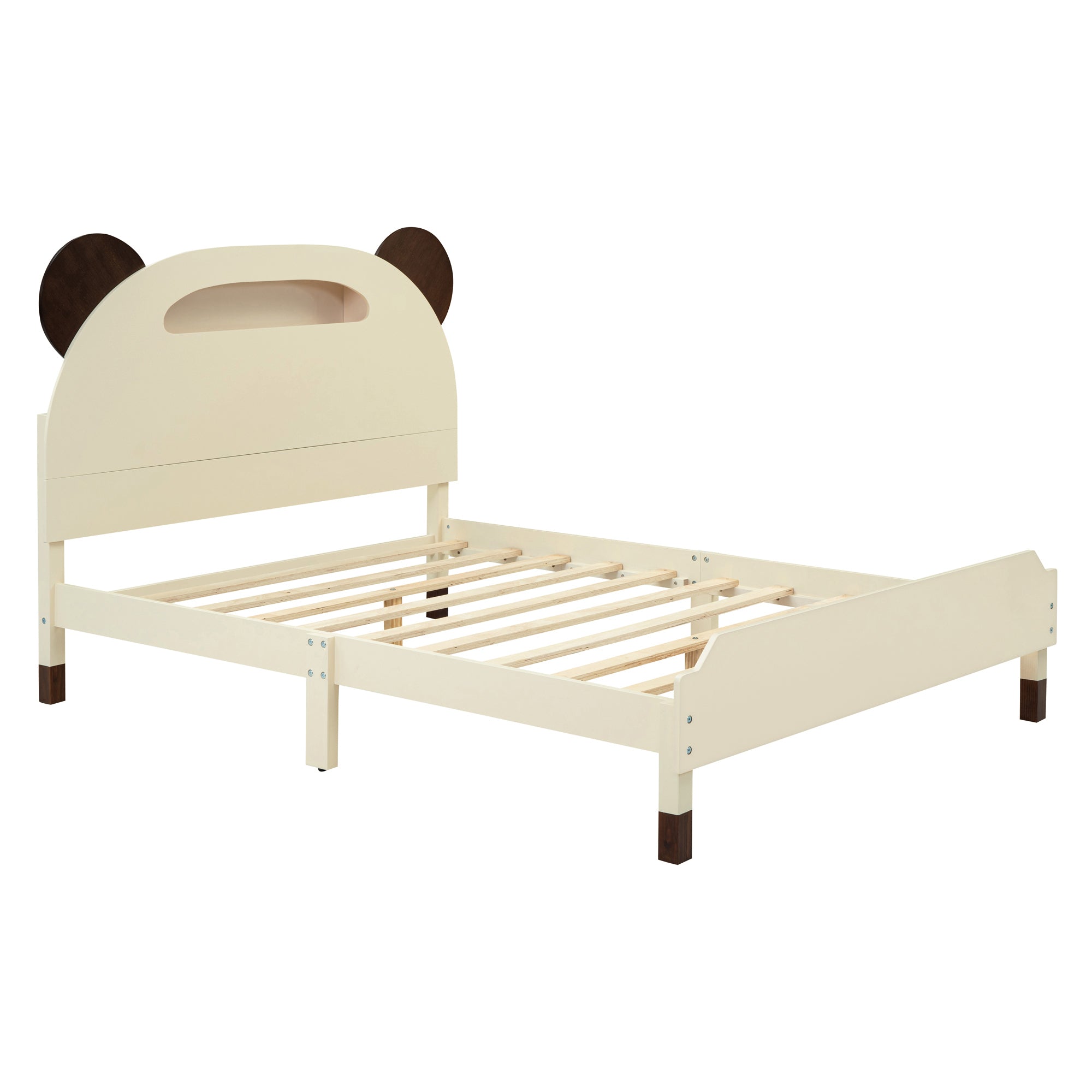 Full Size Wood Platform Bed with Bear-shaped Headboard,Bed with Motion Activated Night Lights,Cream+Walnut - Atlantic Fine Furniture Melbourne FL