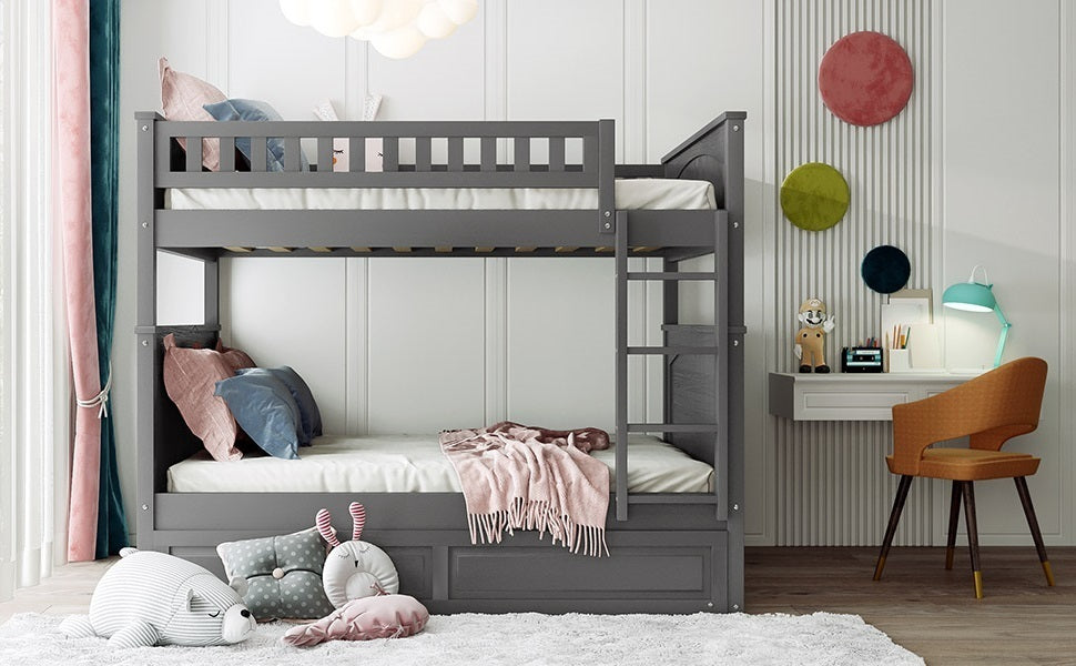 Full Over Full Bunk Bed with Twin Size Trundle, Pine Wood Bunk Bed with Guardrails, Brushed Gray(Old SKU:LP000044AAN)