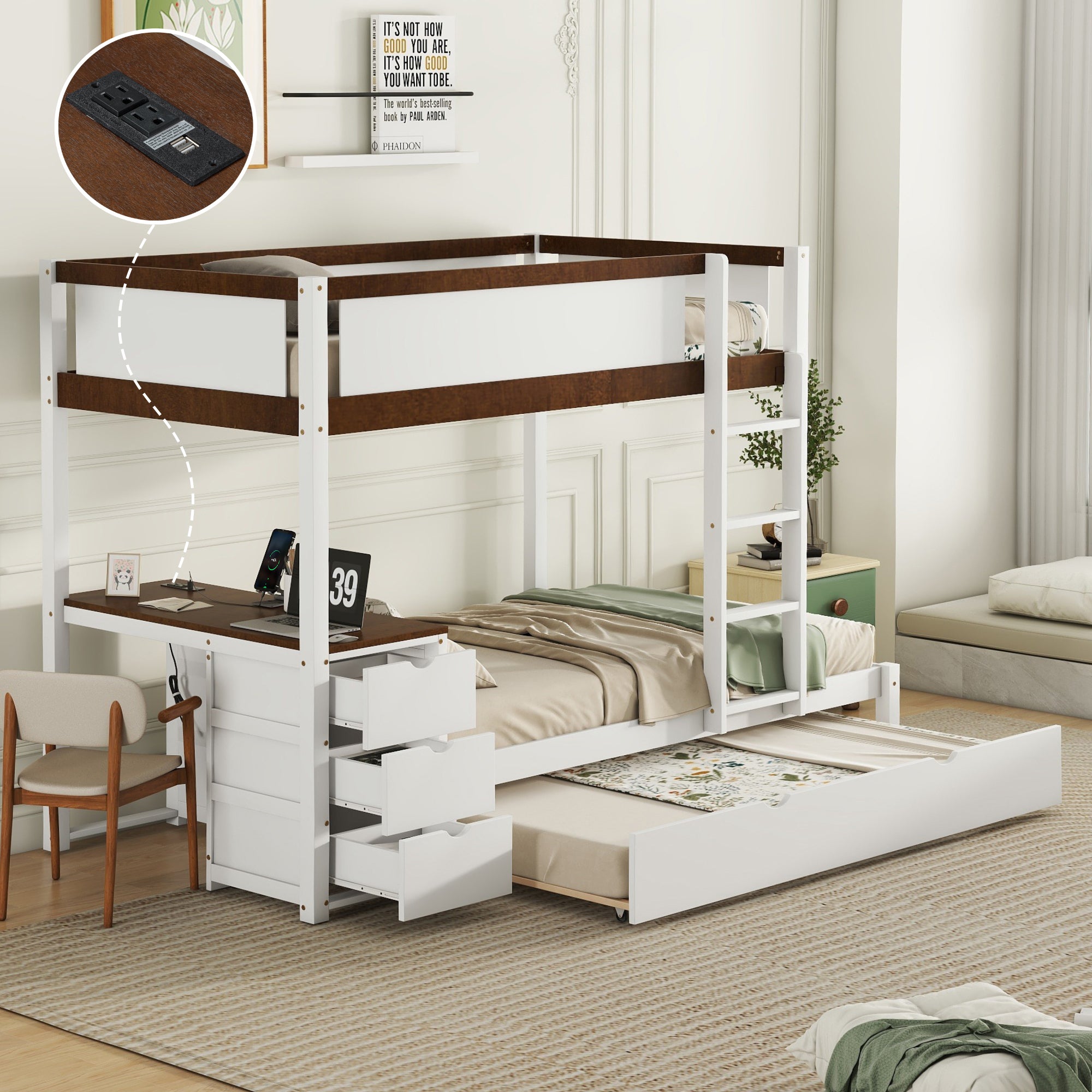 Twin-Over-Twin Bunk Bed with Twin size Trundle, Storage and Desk, White+Walnut - Atlantic Fine Furniture Melbourne FL