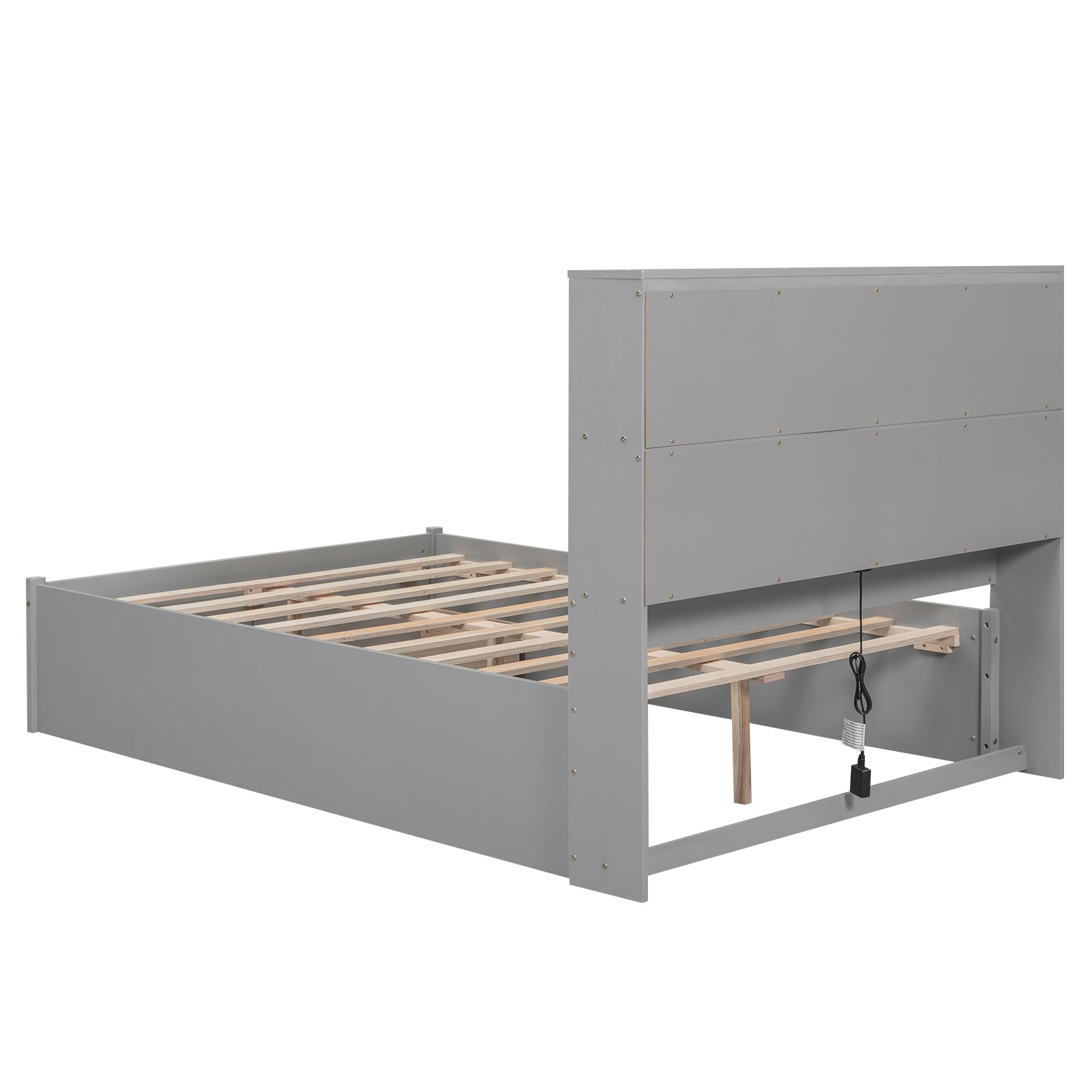 Full Size Platform Bed with Storage Headboard, Charging Station and 2 Drawers, Gray - Atlantic Fine Furniture Melbourne FL