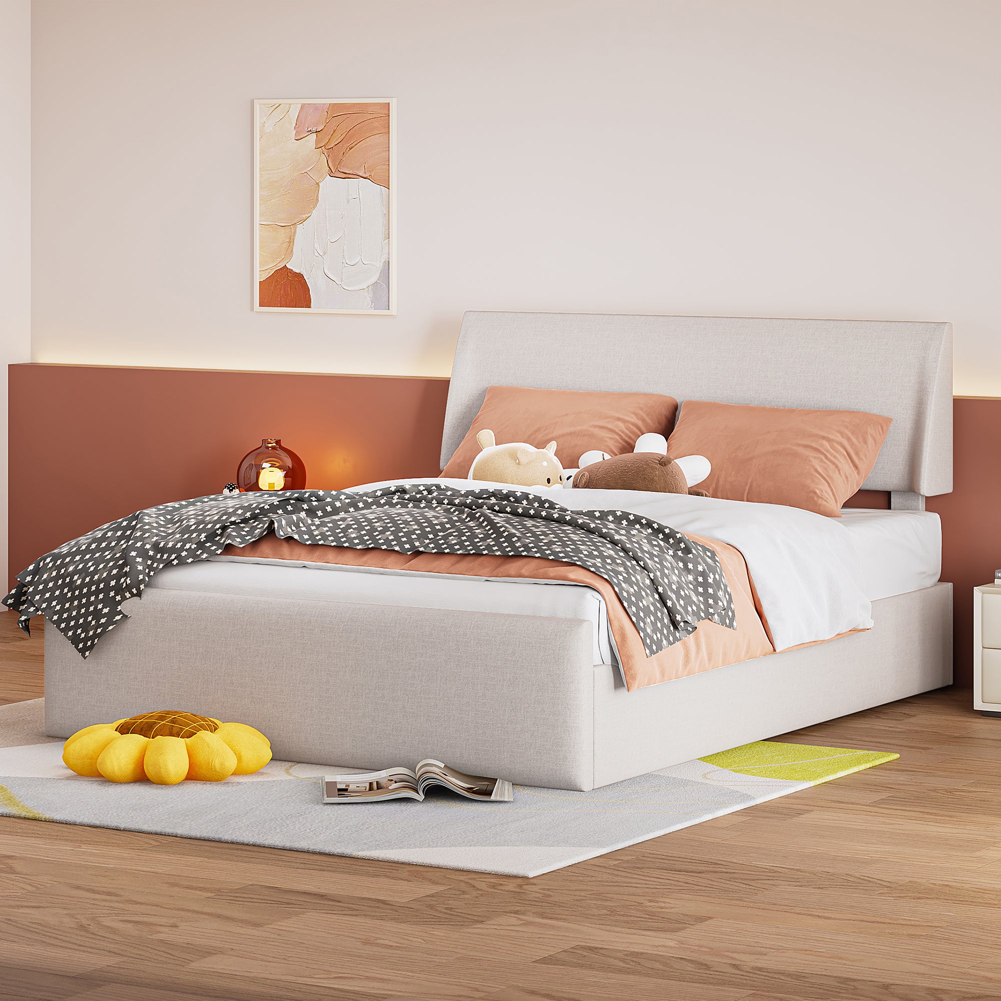 Queen Size Sleigh Bed with Side-Tilt Hydraulic Storage System, Linen Upholstery, Beige - Atlantic Fine Furniture Melbourne FL