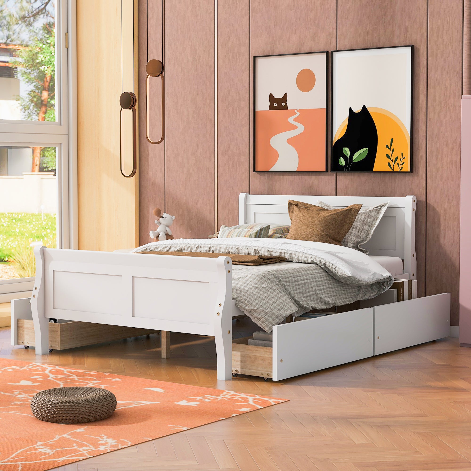 Full Size Wood Platform Bed with 4 Drawers and Streamlined Headboard & Footboard, White - Atlantic Fine Furniture Melbourne FL