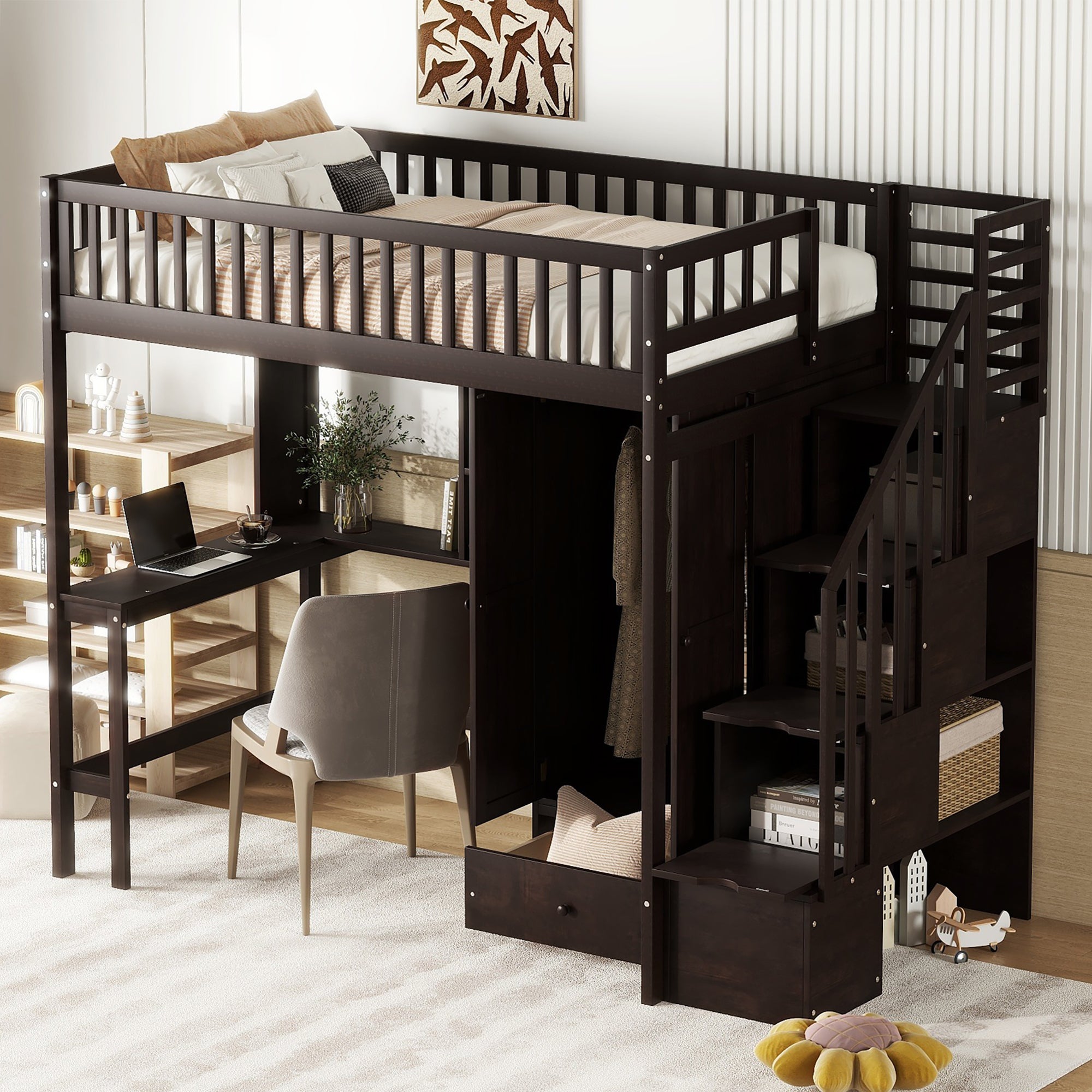 Twin size Loft Bed with Bookshelf,Drawers,Desk,and Wardrobe-Espresso - Atlantic Fine Furniture Melbourne FL