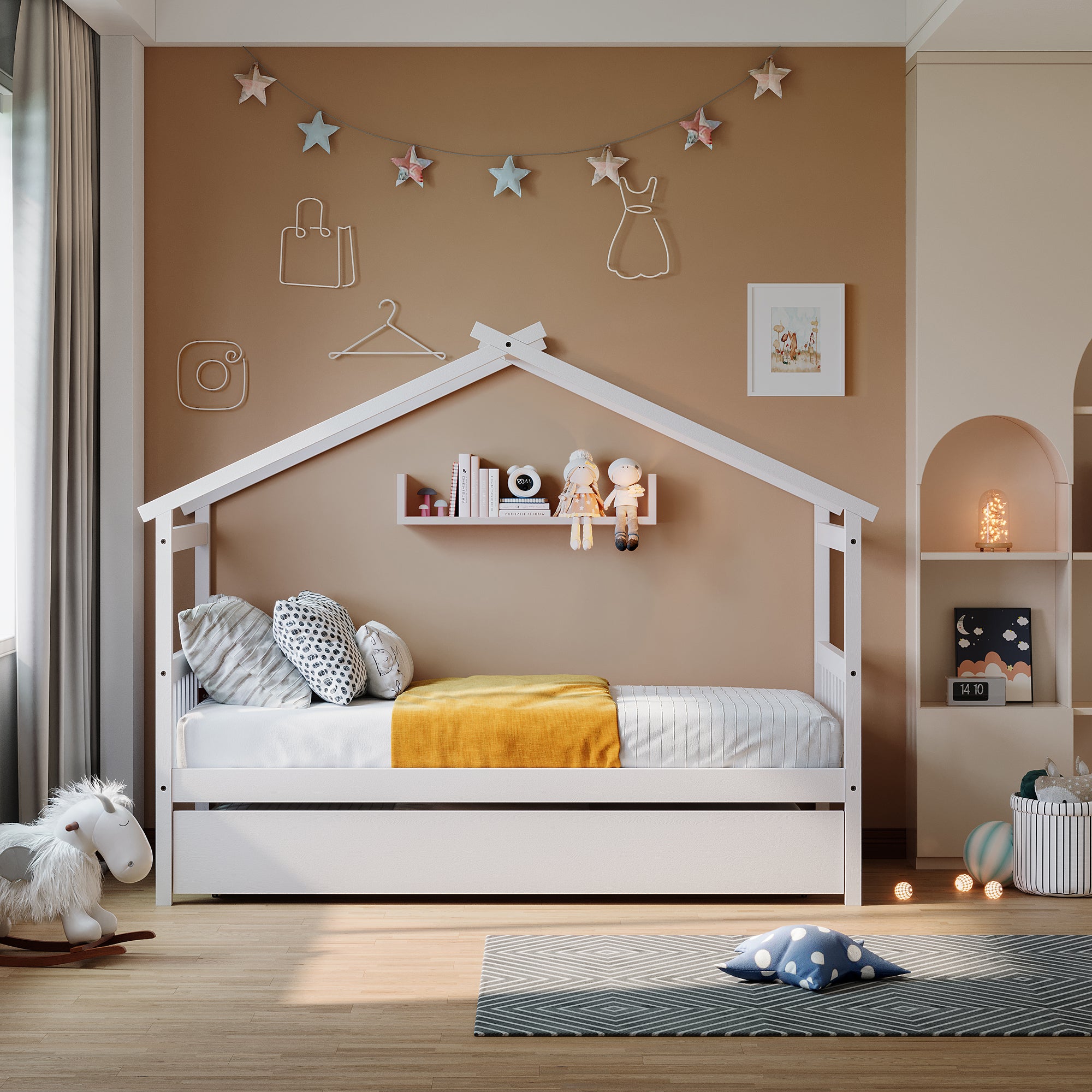Twin Size Wooden House Bed with Twin Size Trundle, White - Atlantic Fine Furniture Melbourne FL