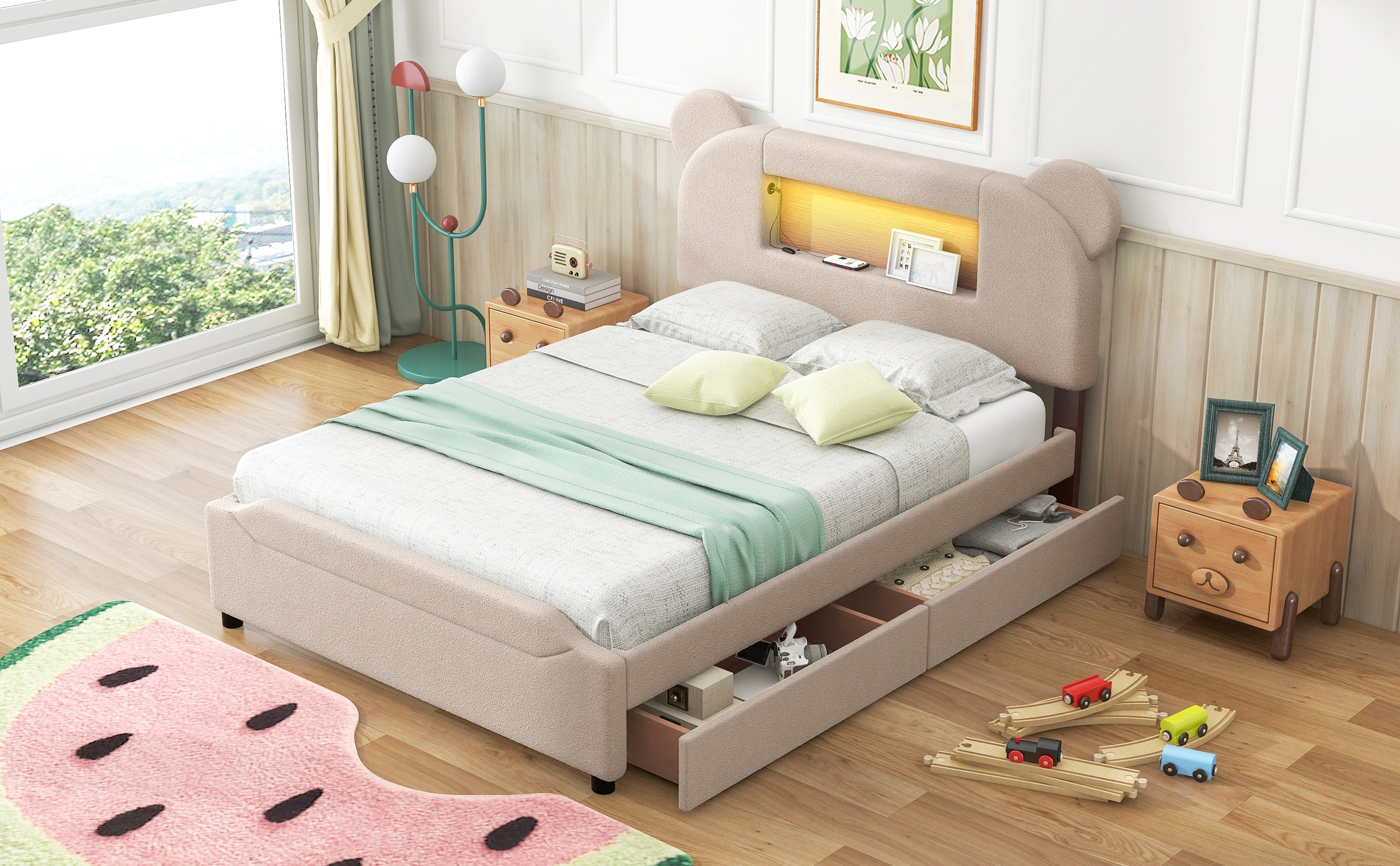 Full Size Upholstered Storage Platform Bed with Cartoon Ears Shaped Headboard, LED and USB, Beige - Atlantic Fine Furniture Melbourne FL