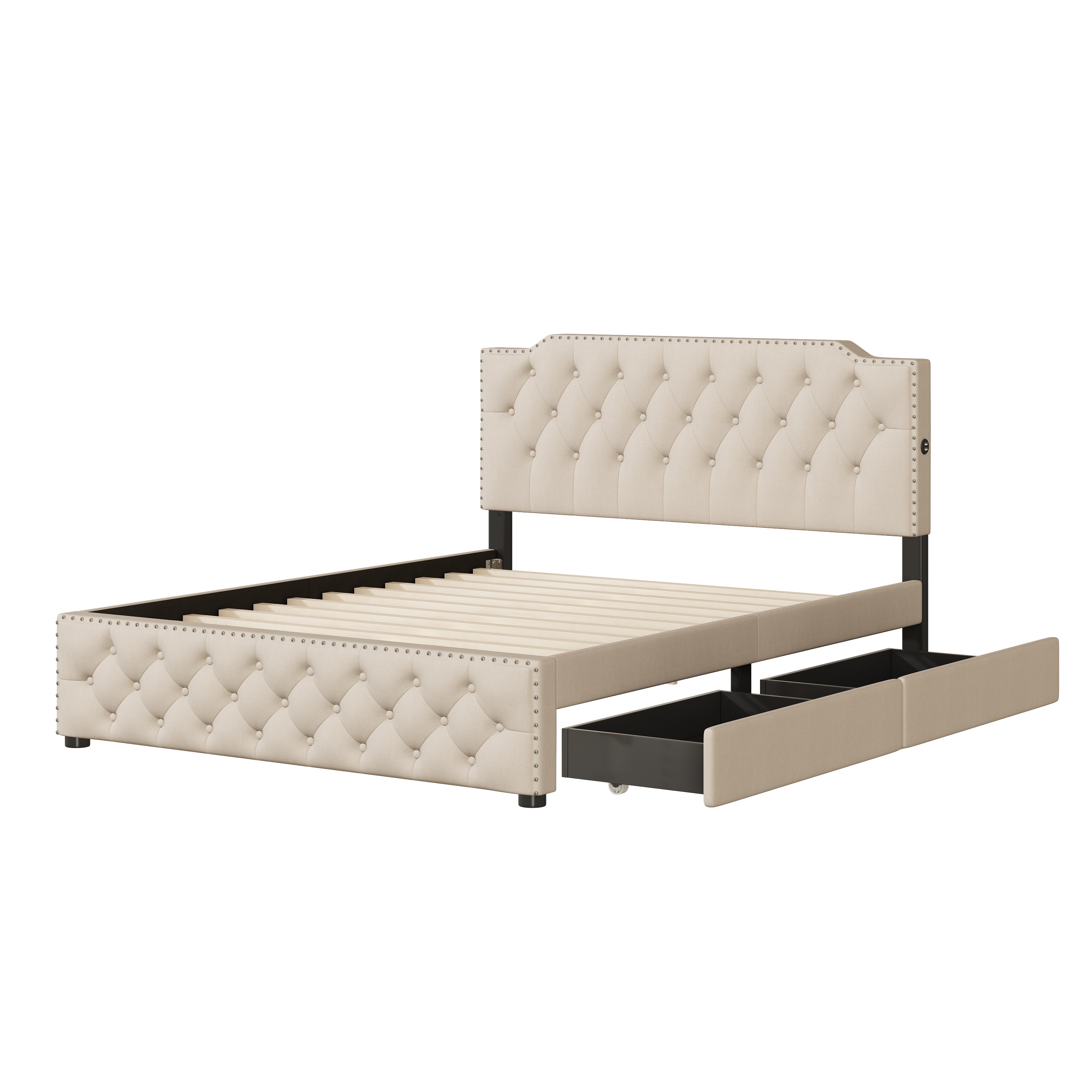 Queen Size Upholstered Platform Bed with 2 Drawers and 2 sets of USB Ports on each side, Linen Fabric, Beige - Atlantic Fine Furniture Melbourne FL