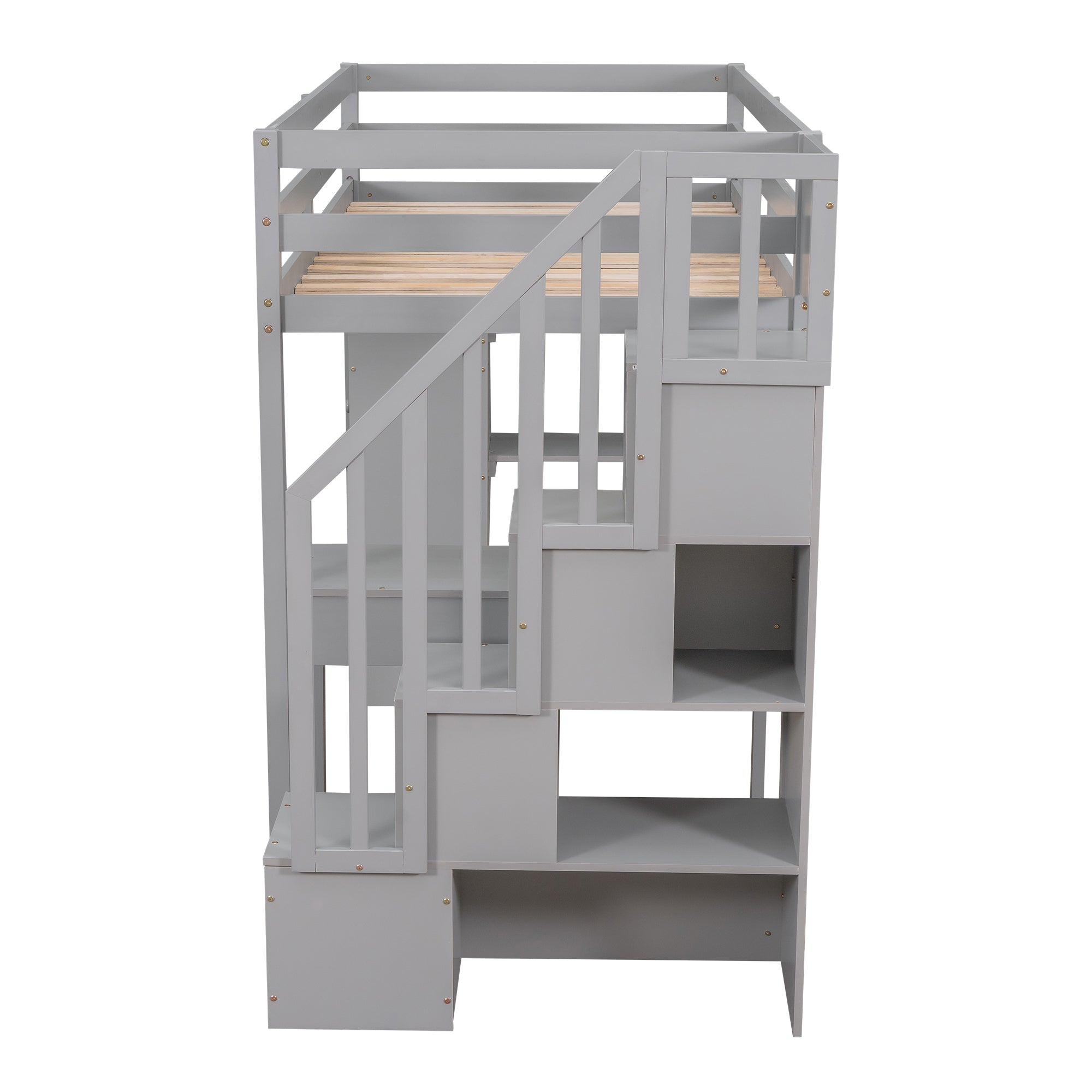 Twin size Loft Bed with Storage Drawers ,Desk and Stairs, Wooden Loft Bed with Shelves - Gray - Atlantic Fine Furniture Melbourne FL