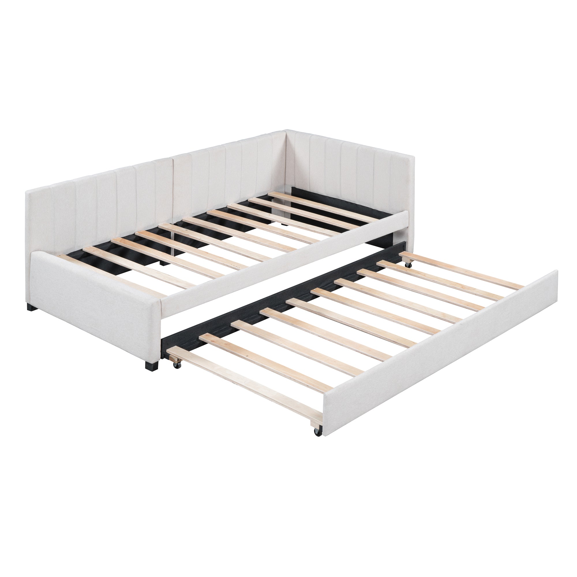 Upholstered Daybed with Trundle Twin Size Sofa Bed Frame No Box Spring Needed, Linen Fabric(Beige) - Atlantic Fine Furniture Melbourne FL