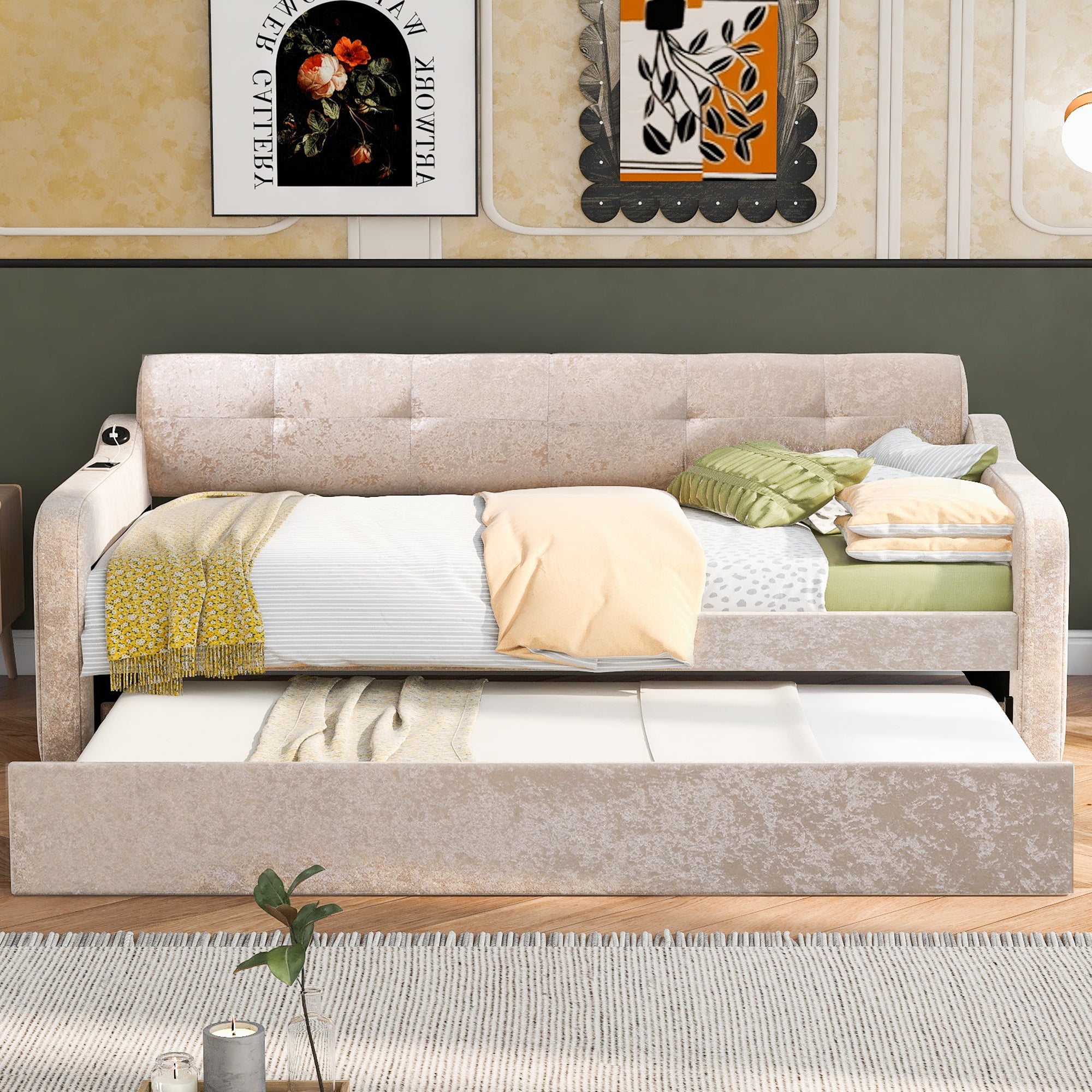 Twin Size Snowflake Velvet Daybed with Trundle and USB Charging Design,Beige - Atlantic Fine Furniture Melbourne FL