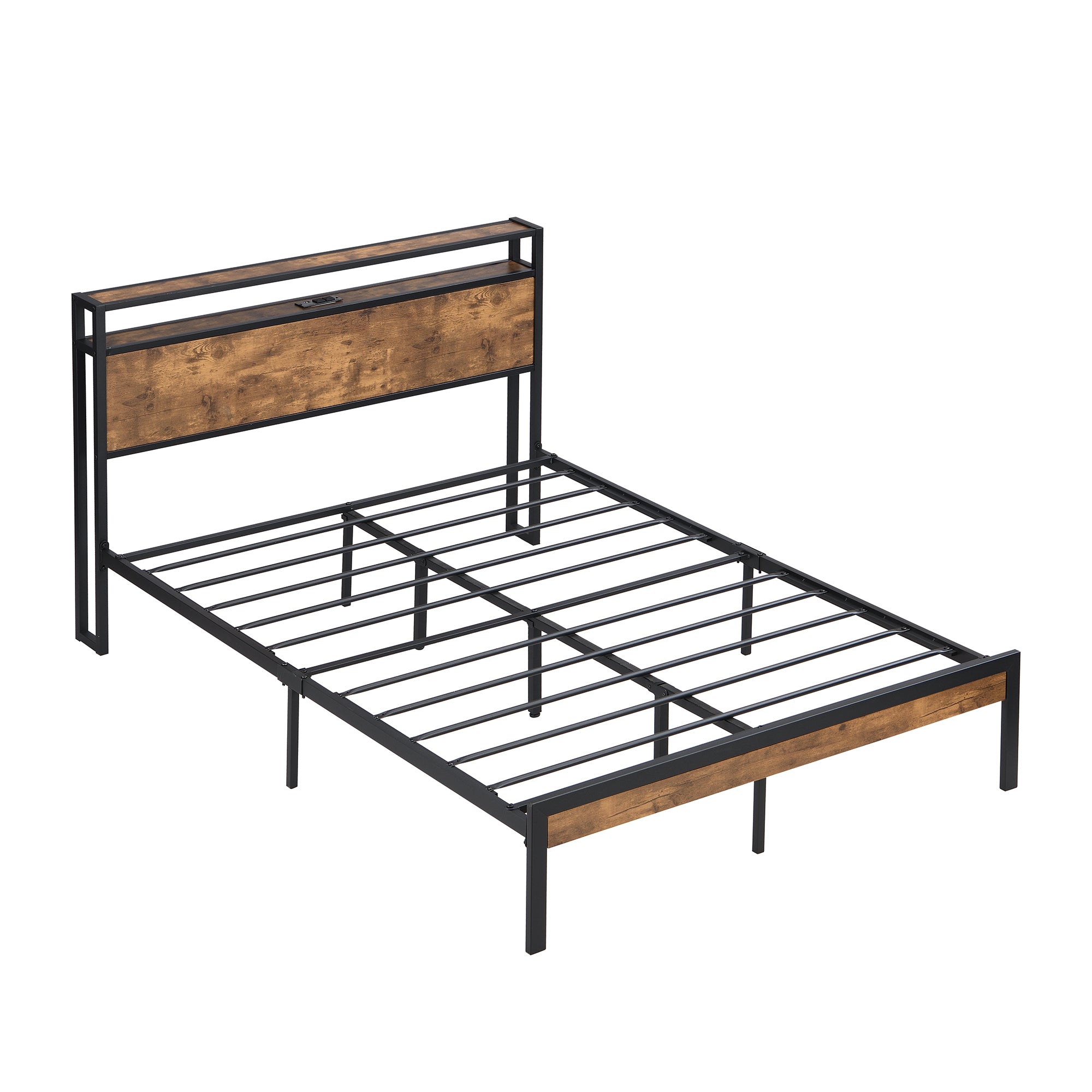 Full Size Metal Platform Bed Frame with Wooden Headboard and Footboard with USB LINER, No Box Spring Needed, Large Under Bed Storage, Easy Assemble - Atlantic Fine Furniture Melbourne FL