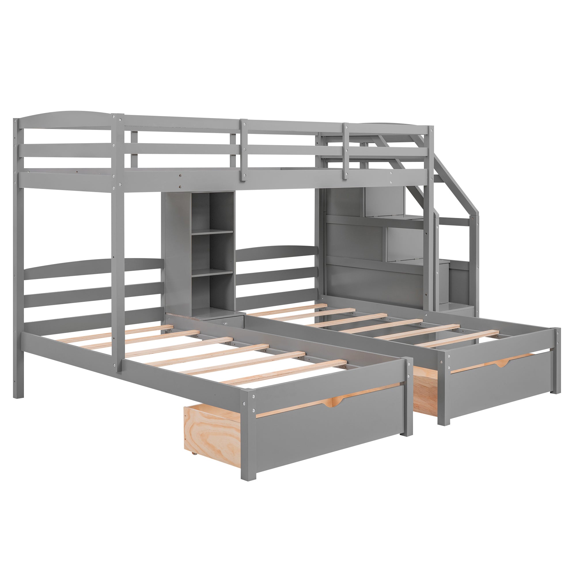 Twin over Twin&Twin Bunk Bed, Triple Bunk Bed with Drawers, Staircase with Storage, Built-in Shelves, Gray - Atlantic Fine Furniture Melbourne FL