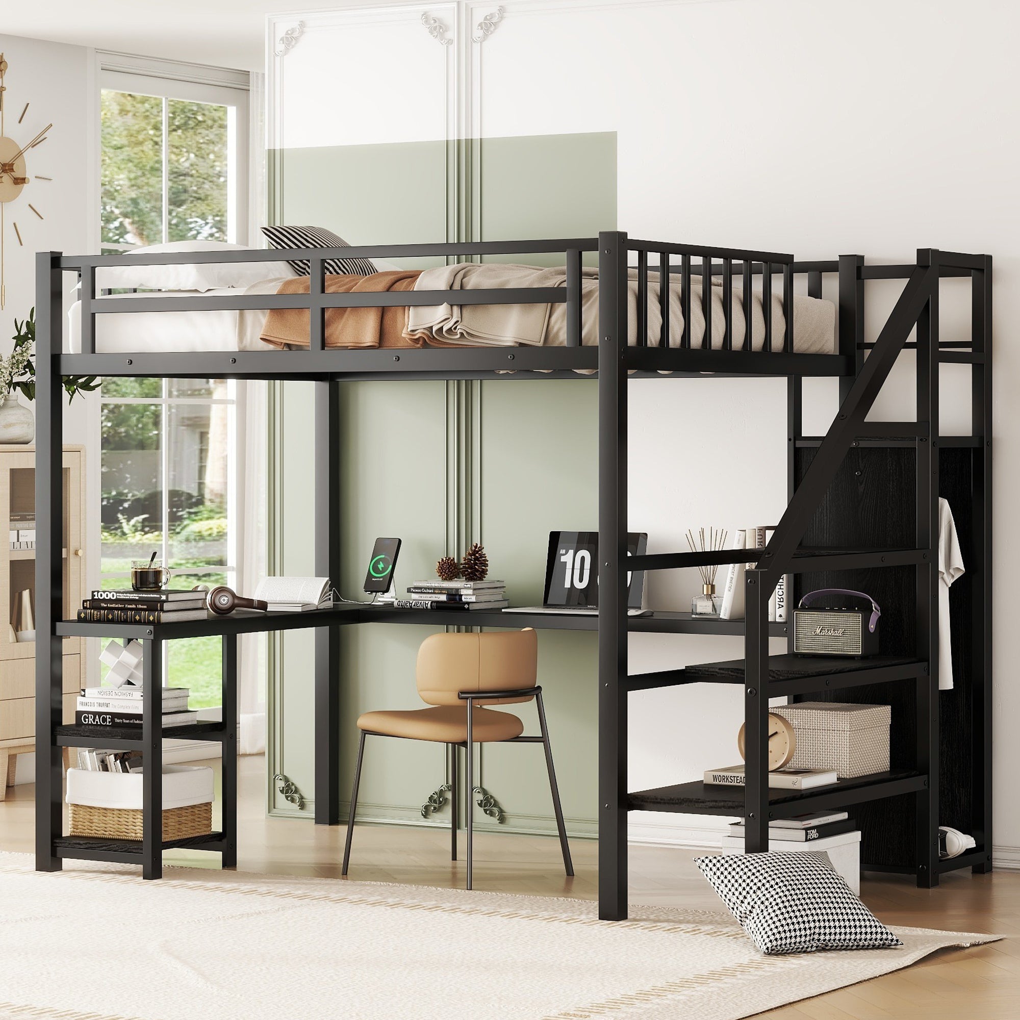 Metal Full Loft Bed with Wardrobe and LED Light, Full Size Loft Bed with L Shaped Desk and USB for Kids Teens Adults, Black (Expect arrival date 2024/5/19)