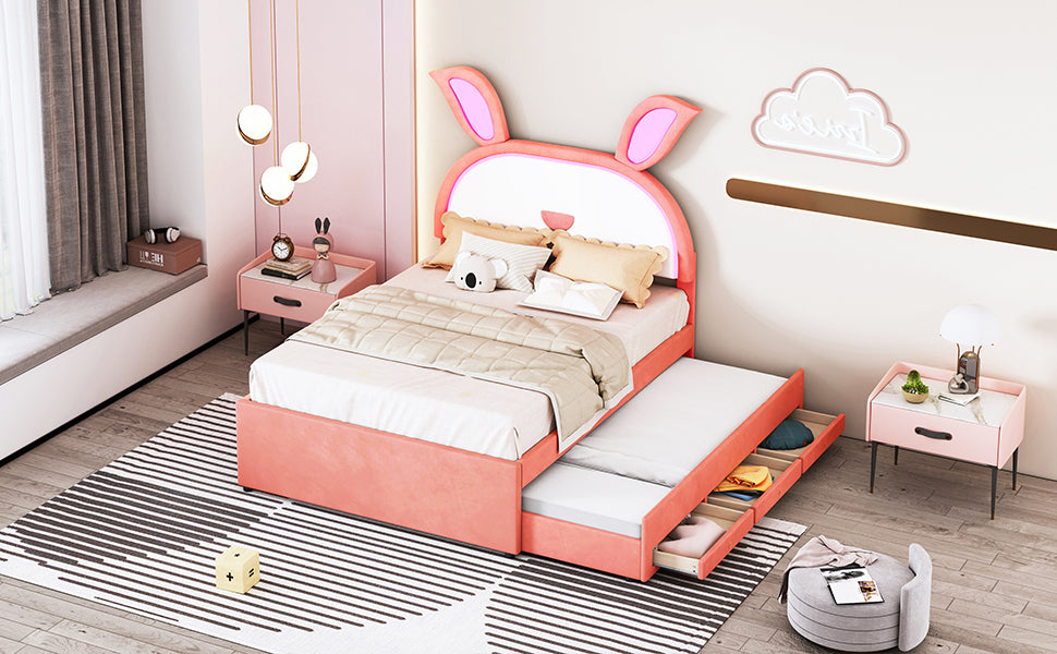 Full Size Upholstered Platform Bed with Trundle and 3 Drawers, Rabbit-Shaped Headboard with Embedded LED Lights, Pink