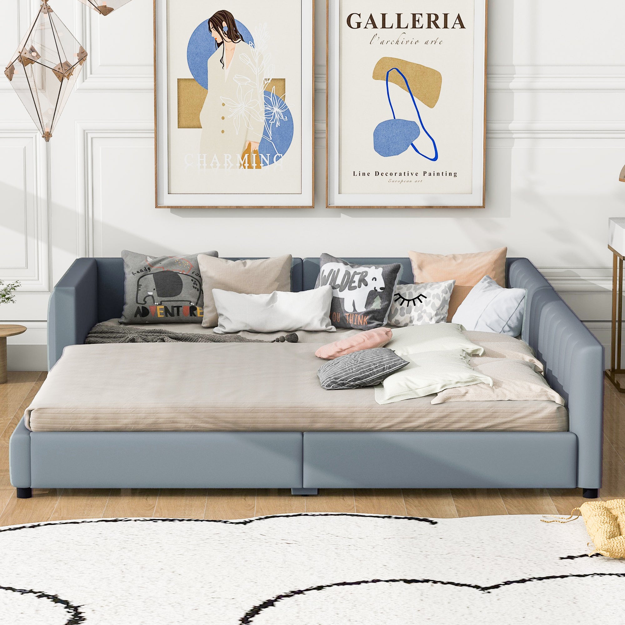 Queen Size & Twin XL Size Upholstered Platform Bed, Mother & Child Bed, PU Leather, Gray - Atlantic Fine Furniture Melbourne FL
