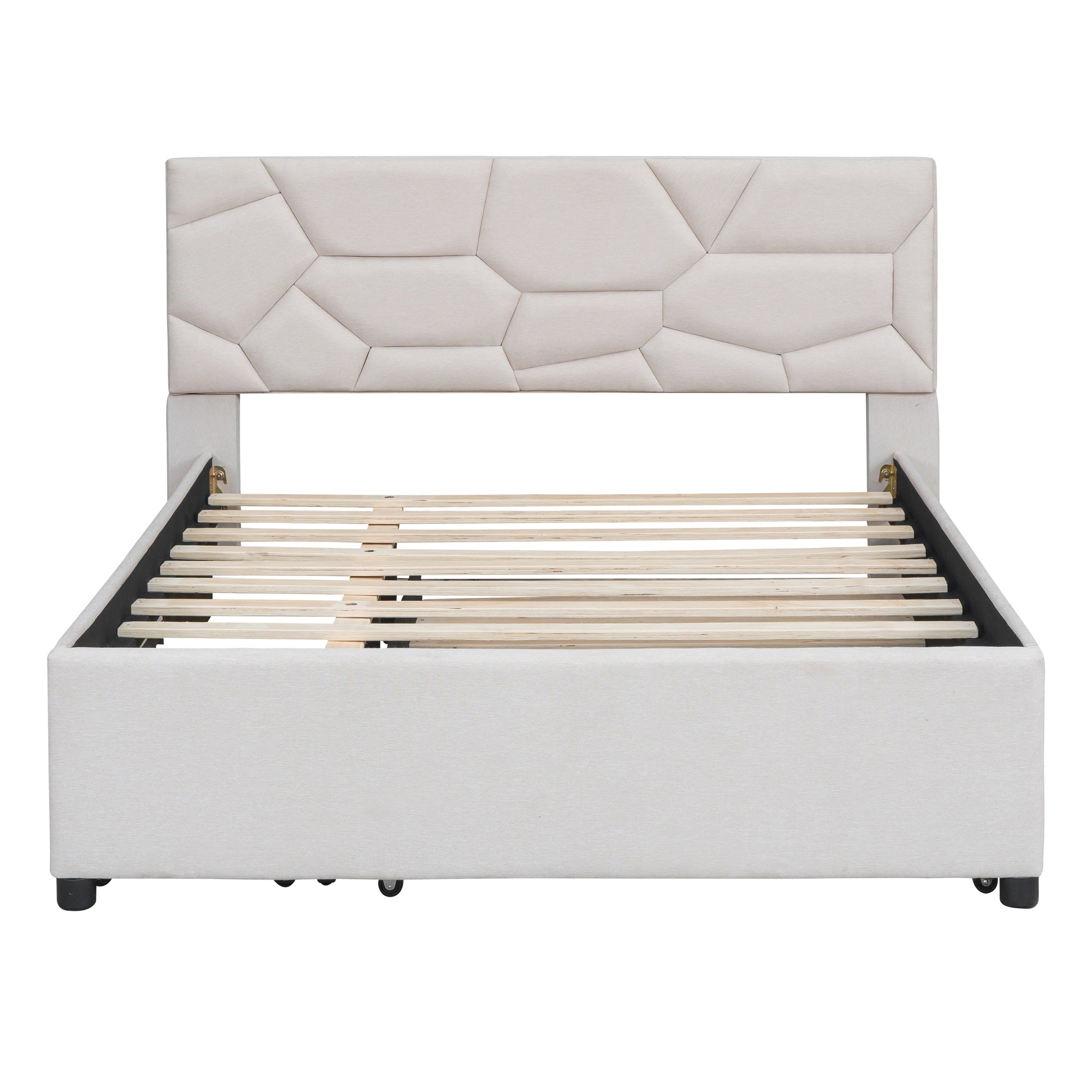 Full Size Upholstered Platform Bed with Brick Pattern Headboard, with Twin Size Trundle and 2 Drawers, Linen Fabric, Beige - Atlantic Fine Furniture Melbourne FL