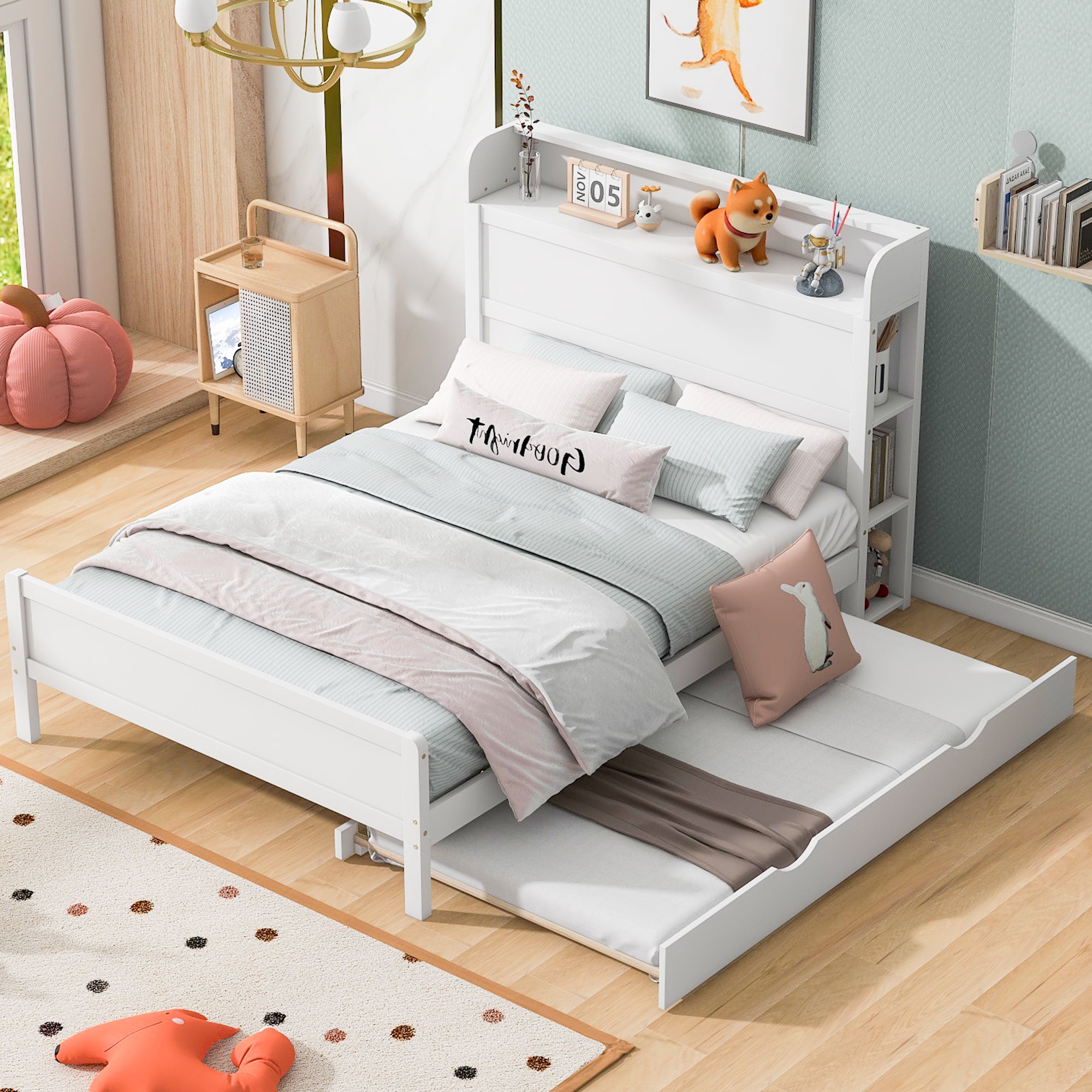 Full Size Platform Bed with Storage Headboard and Twin Size Trundle, White - Atlantic Fine Furniture Melbourne FL