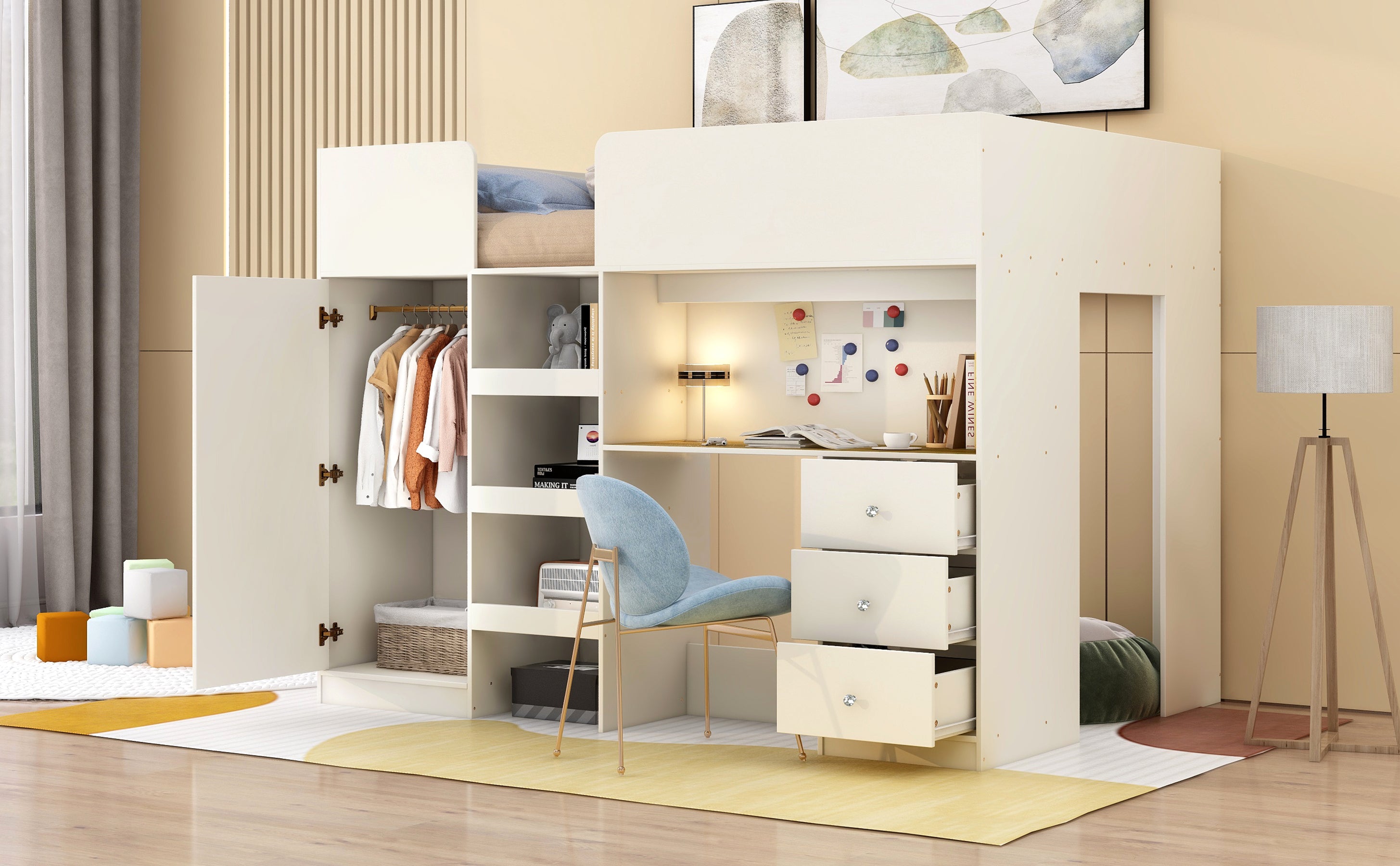 Wood Full Size Loft Bed with Built-in Wardrobe, Desk, Storage Shelves and Drawers, Beige - Atlantic Fine Furniture Melbourne FL