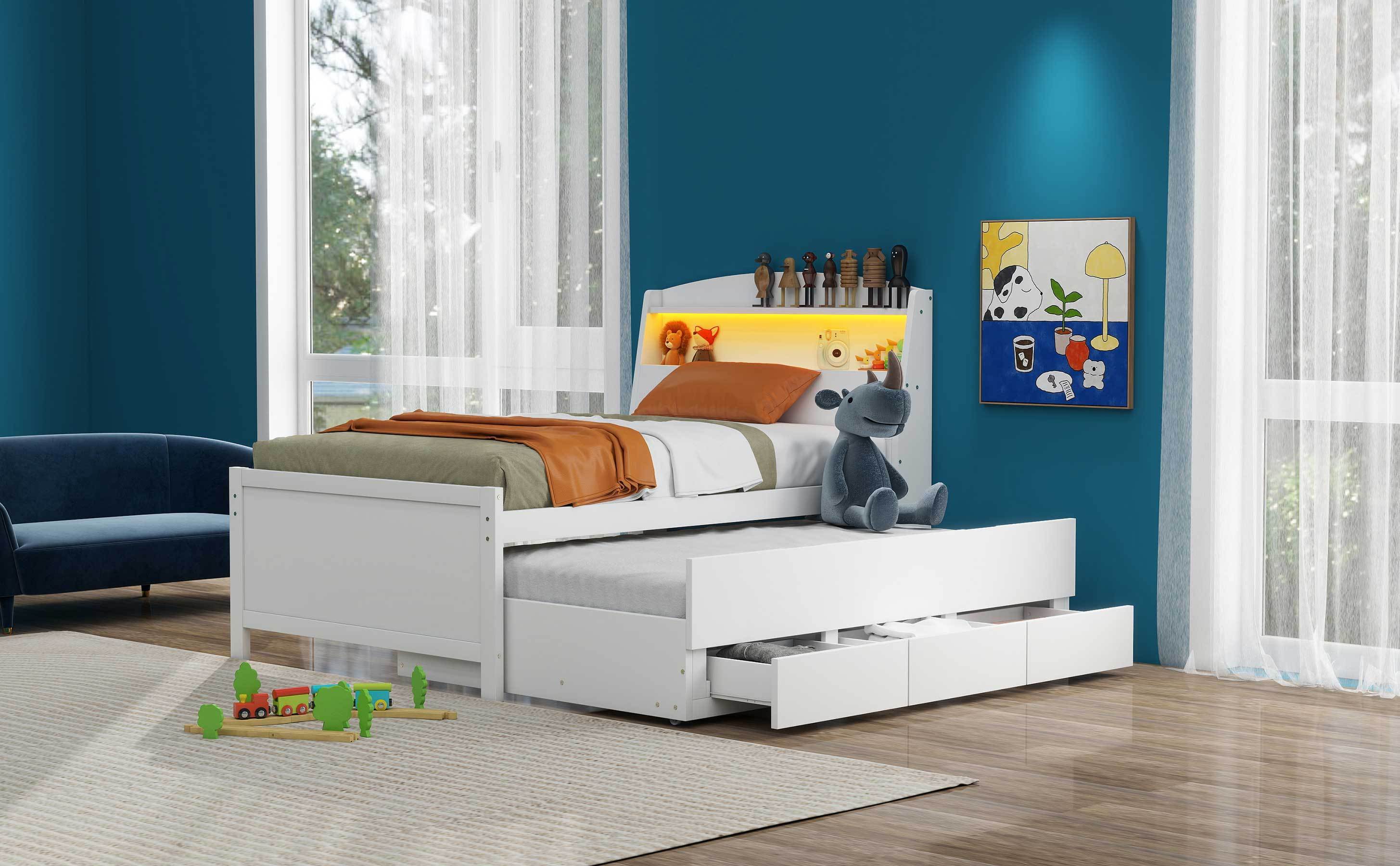 Twin Size Platform Bed with Storage LED Headboard, Twin Size Trundle and 3 Drawers, White - Atlantic Fine Furniture Melbourne FL