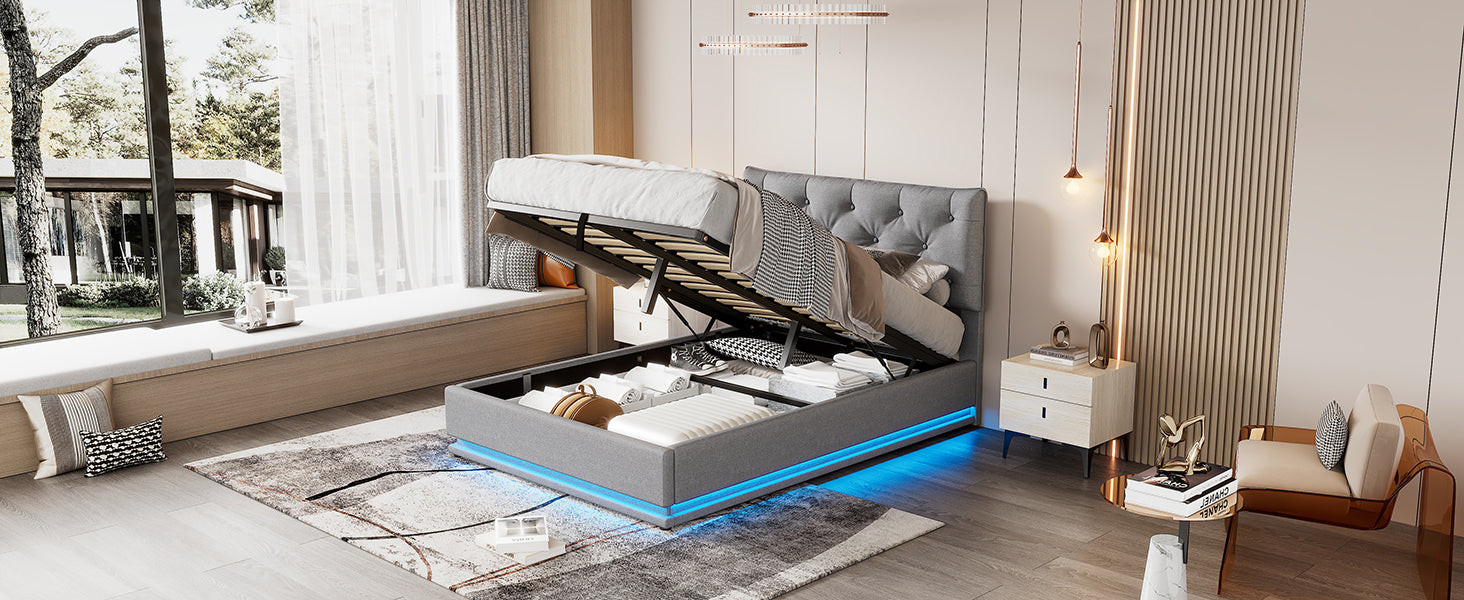 Full Size Upholstered Bed with Hydraulic Storage System and LED Light, Modern Platform Bed with Button-tufted Design Headboard, Gray - Atlantic Fine Furniture Melbourne FL