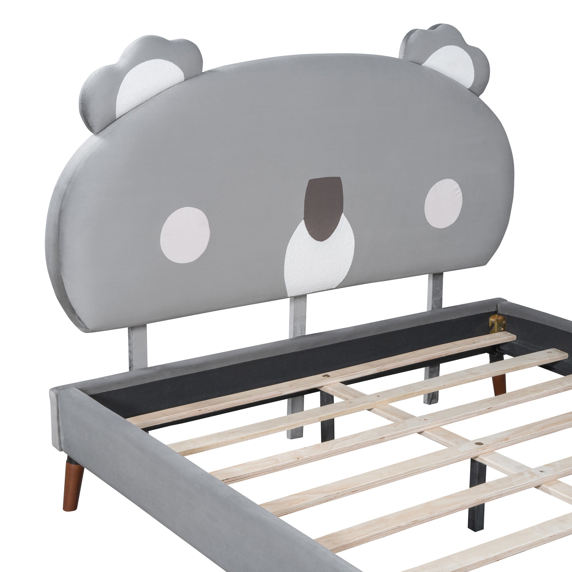 Full Size Upholstered Platform Bed with Koala-Shaped Headboard, Gray - Atlantic Fine Furniture Melbourne FL