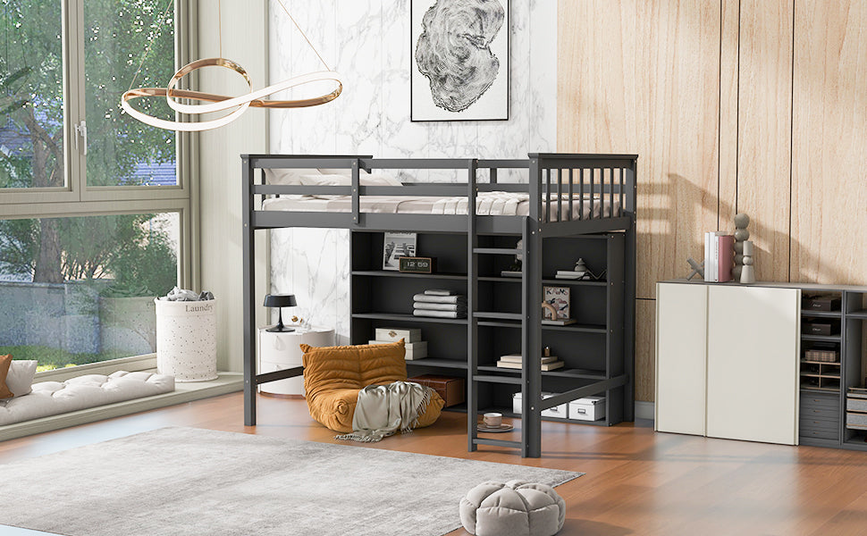 Twin Size Loft Bed with 8 Open Storage Shelves and Built-in Ladder, Gary - Atlantic Fine Furniture Melbourne FL