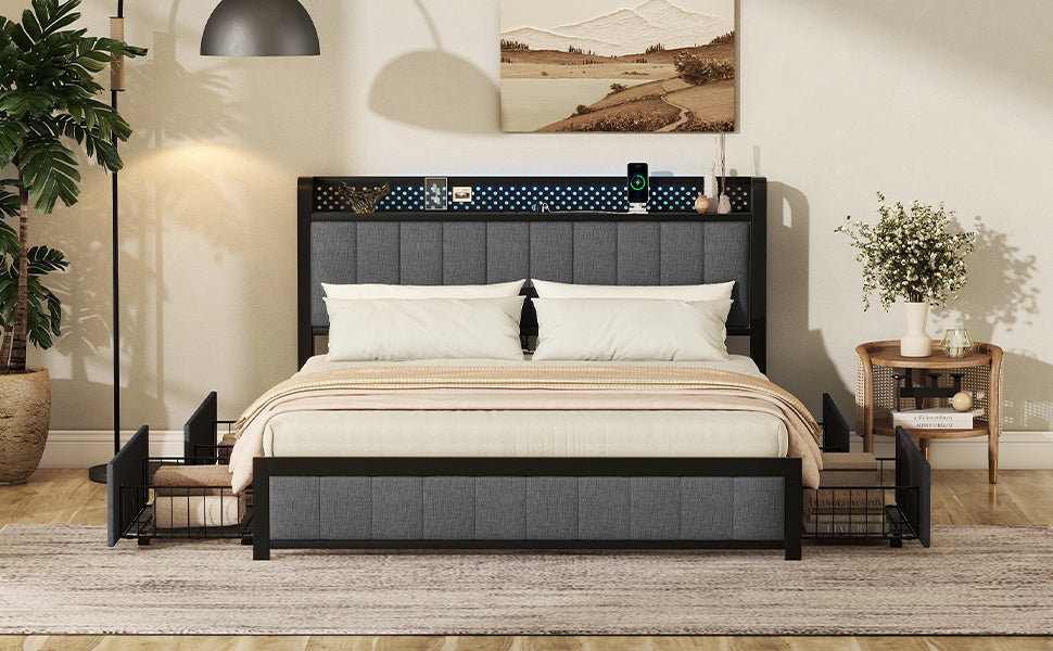 Queen Bed Frame with LED Headboard, Upholstered Bed with 4 Storage Drawers and USB Ports, Dark Grey - Atlantic Fine Furniture Melbourne FL