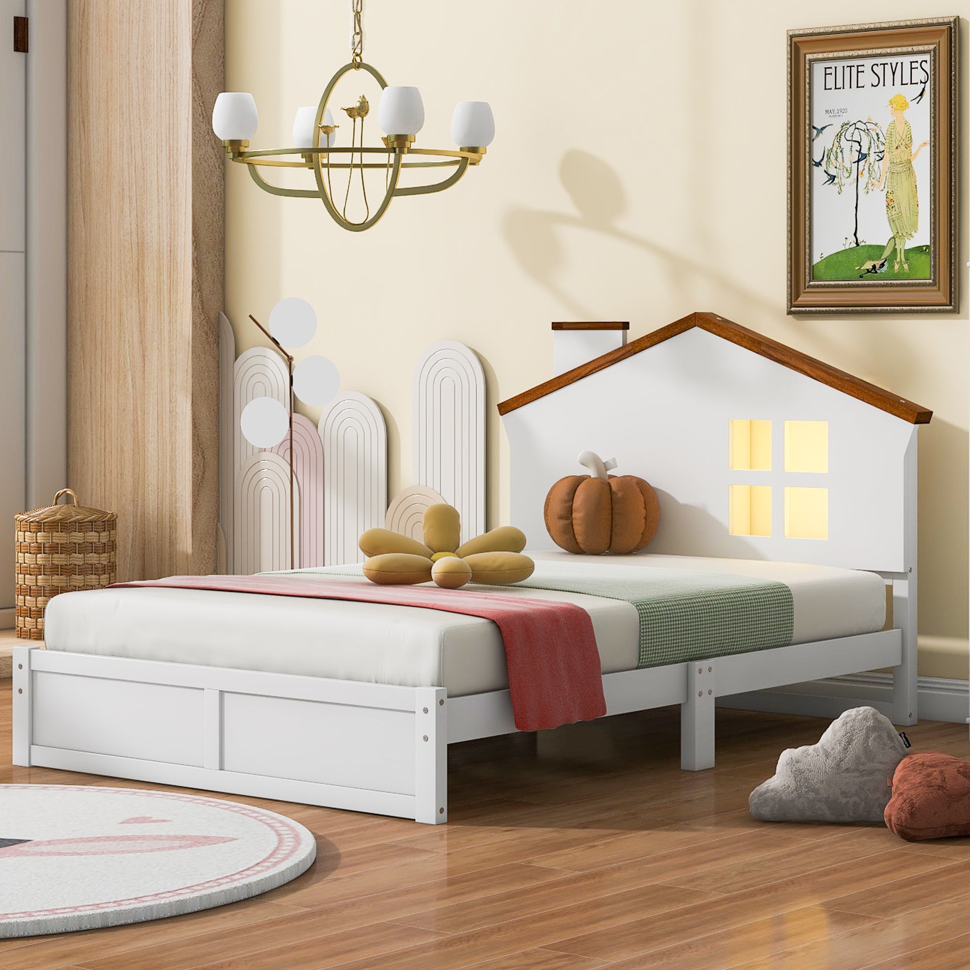 Twin Size Wood Platform Bed with House-shaped Headboard and Built-in LED, Walnut+White - Atlantic Fine Furniture Melbourne FL