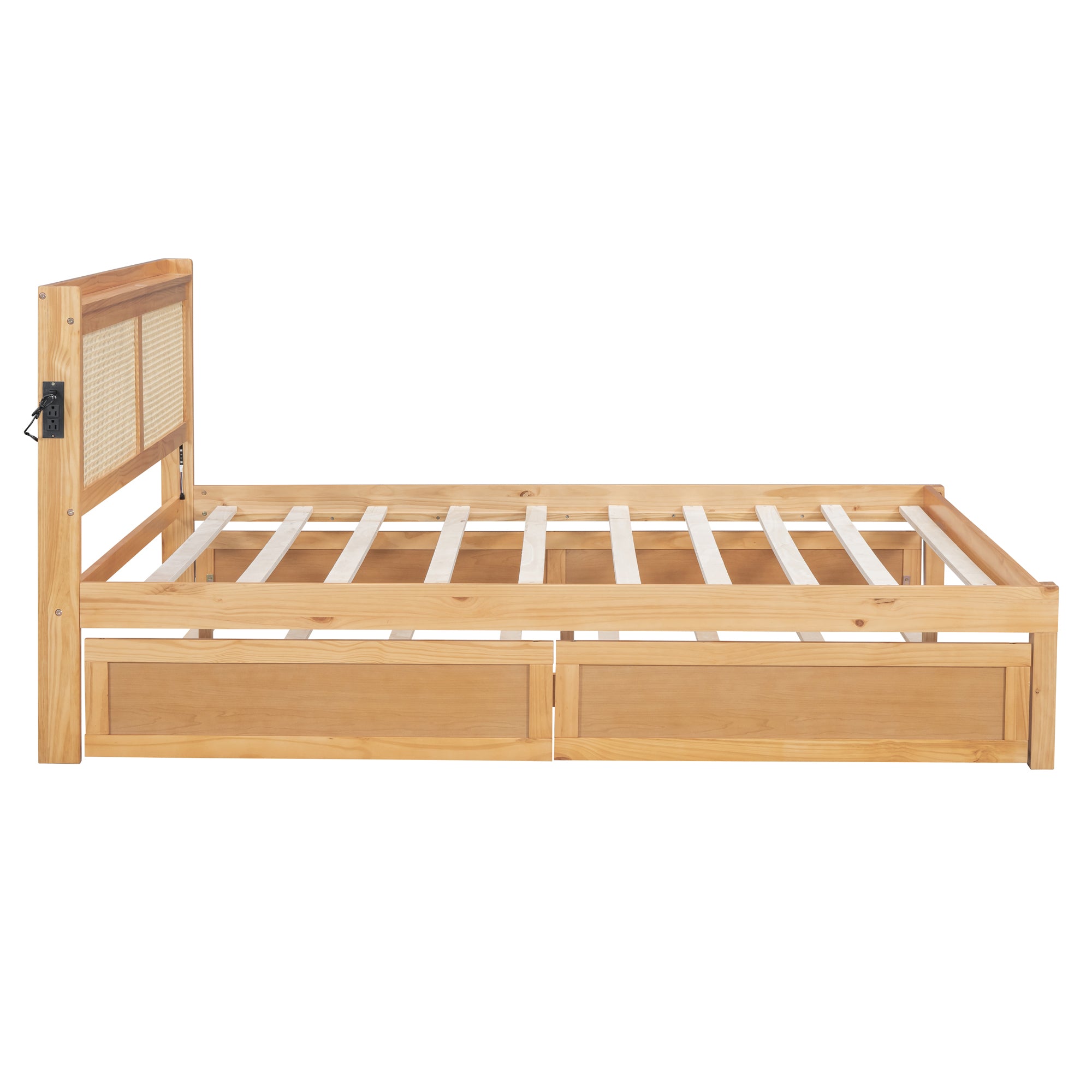 Queen Size Elegant Bed Frame with Rattan Headboard and Sockets ,Walnut - Atlantic Fine Furniture Melbourne FL