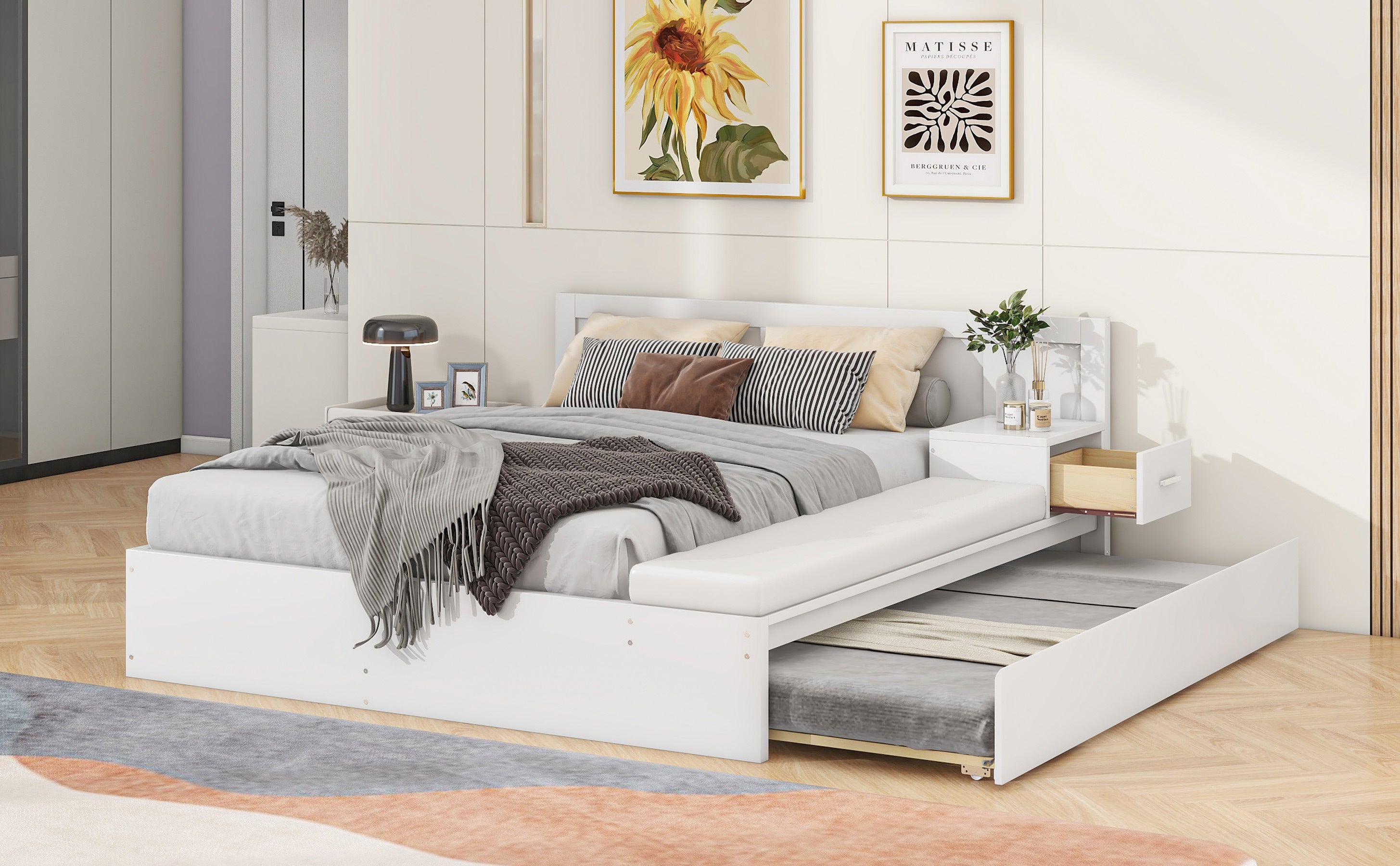 Full Size Wood Storage Hydraulic Platform Bed with Twin Size Trundle, Side Table and Lounge, White - Atlantic Fine Furniture Melbourne FL