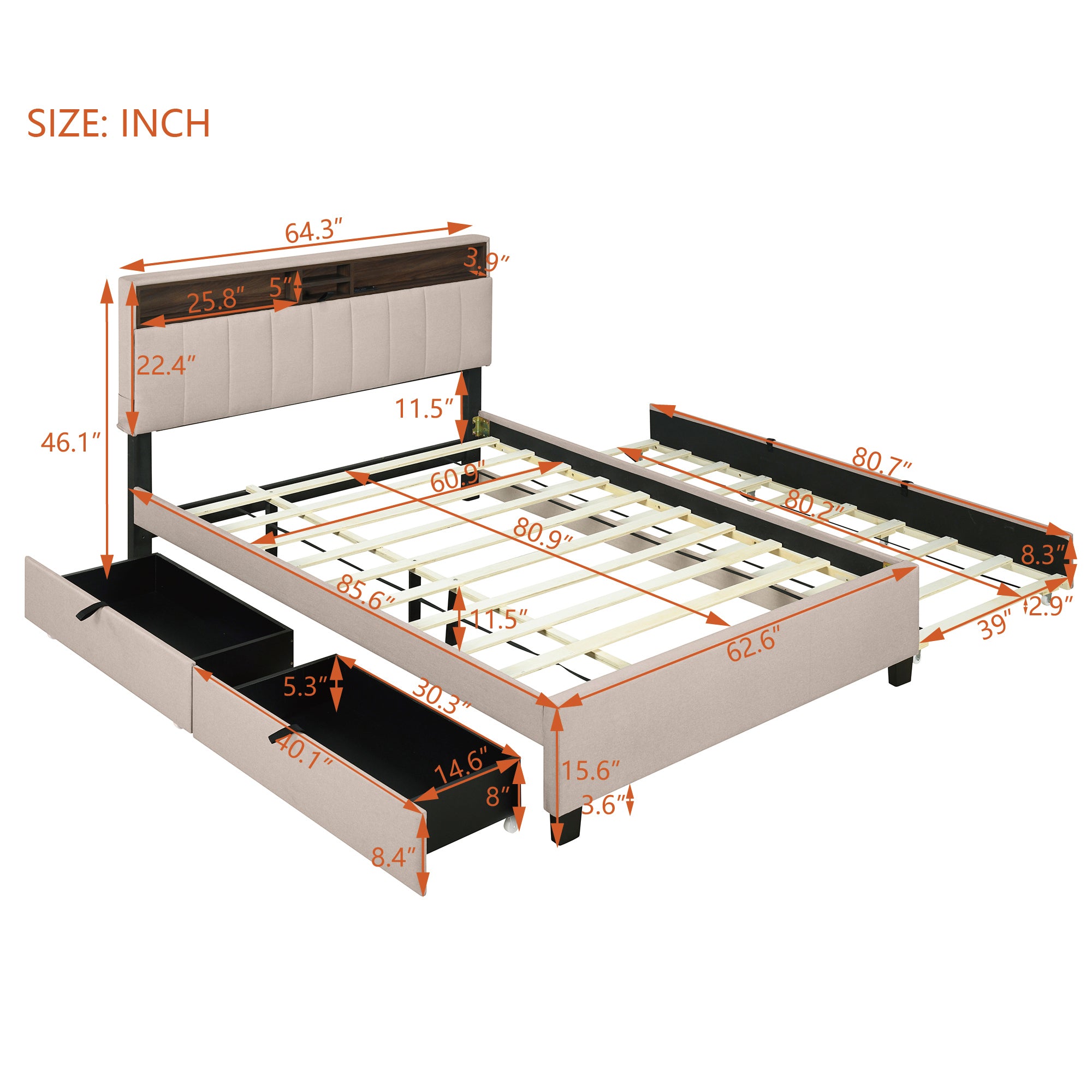 Queen size Upholstered Platform Bed with Storage Headboard, Twin XL Size Trundle & 2 drawers and a set of Sockets & USB Ports, Linen Fabric, Beige - Atlantic Fine Furniture Melbourne FL