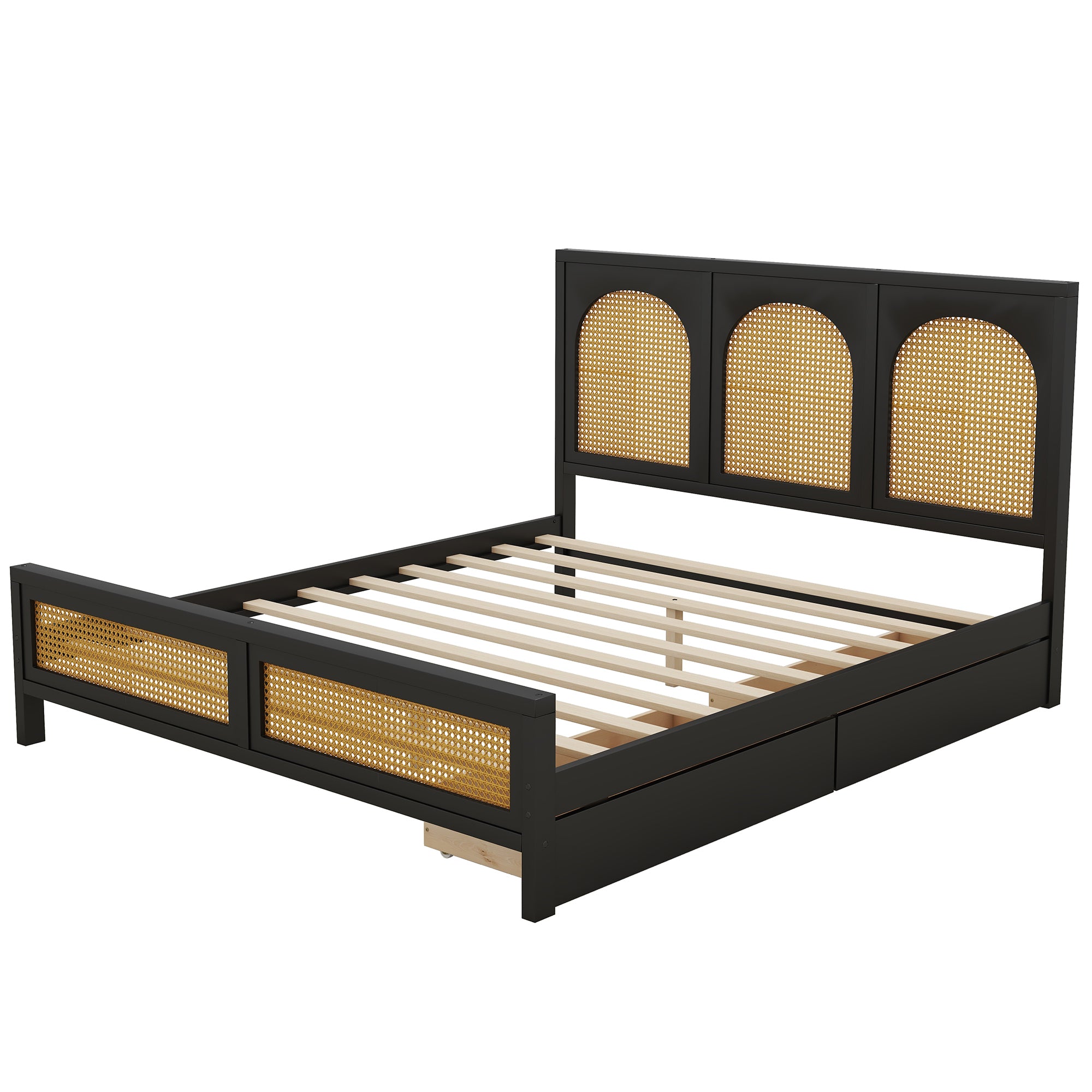 Queen Size Wood Storage Platform Bed with 2 Drawers, Rattan Headboard and Footboard, Black - Atlantic Fine Furniture Melbourne FL