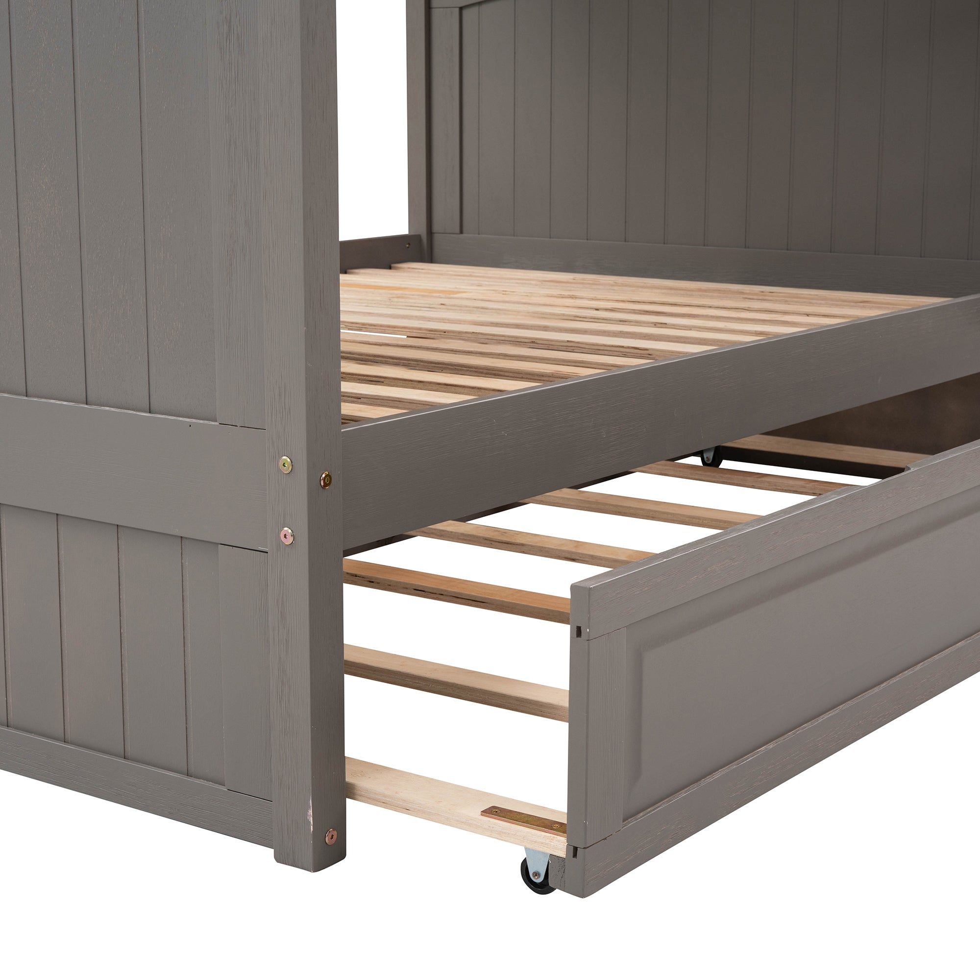 Full Over Full Bunk Bed with Twin Size Trundle, Pine Wood Bunk Bed with Guardrails, Brushed Gray(Old SKU:LP000044AAN)