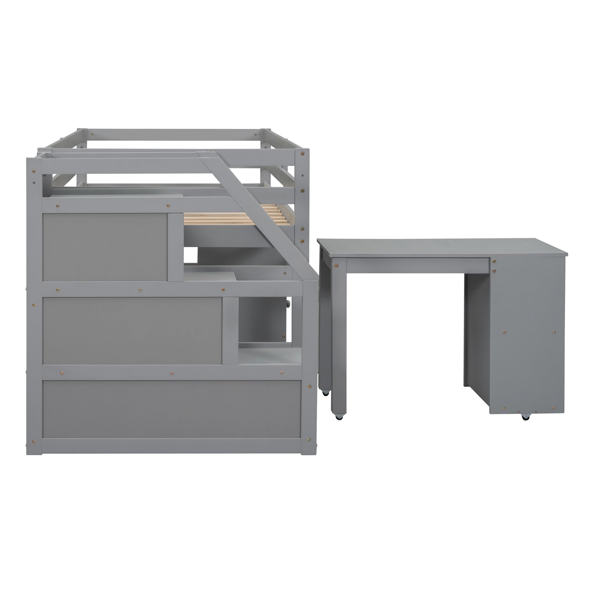 Twin Size Loft Bed with Retractable Writing Desk and 3 Drawers, Wooden Loft Bed with Storage Stairs and Shelves, Gray - Atlantic Fine Furniture Melbourne FL