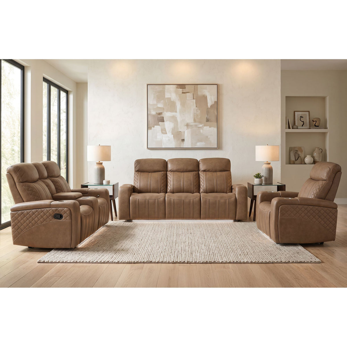 Side Kick Sofa With Ddt, Wireless Charger, Cupholders And White Led Light in Simba Saddle by Elements International, view 4