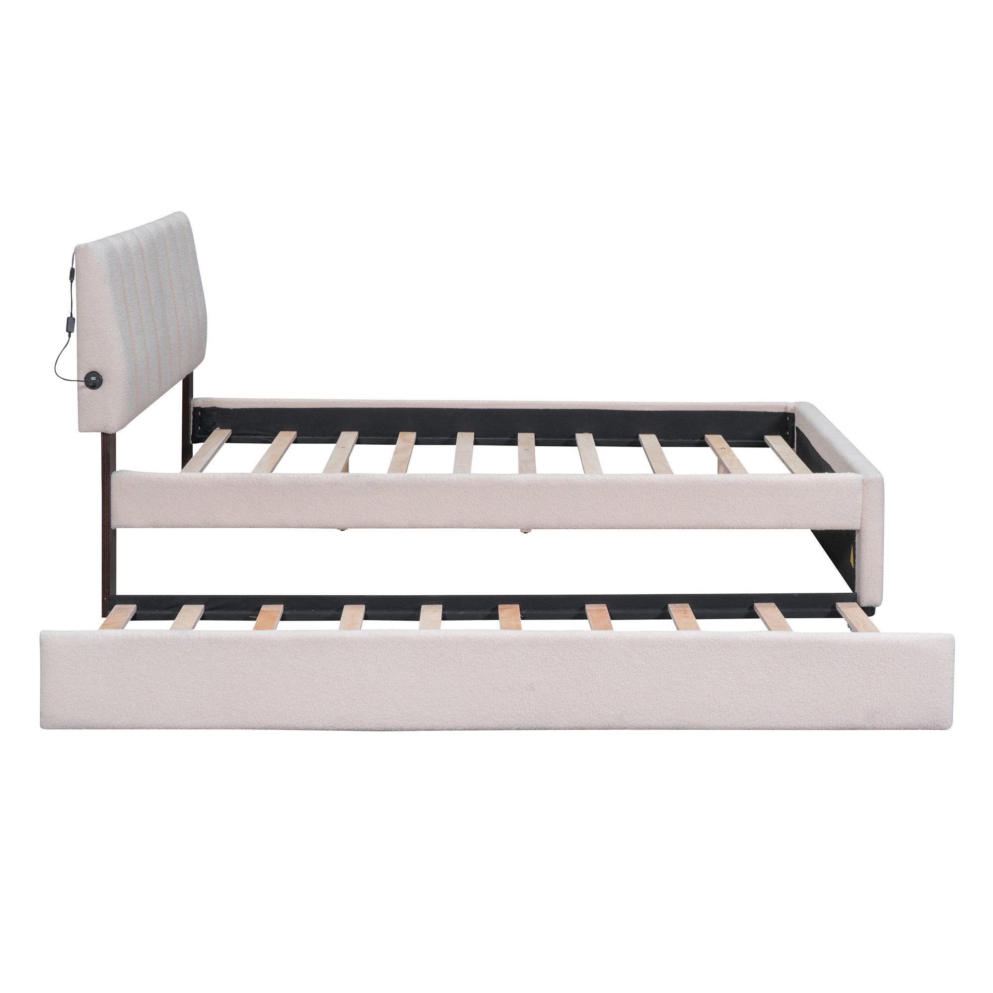 Teddy Fleece Full Size Upholstered Platform Bed with Trundle, Beige - Atlantic Fine Furniture Melbourne FL