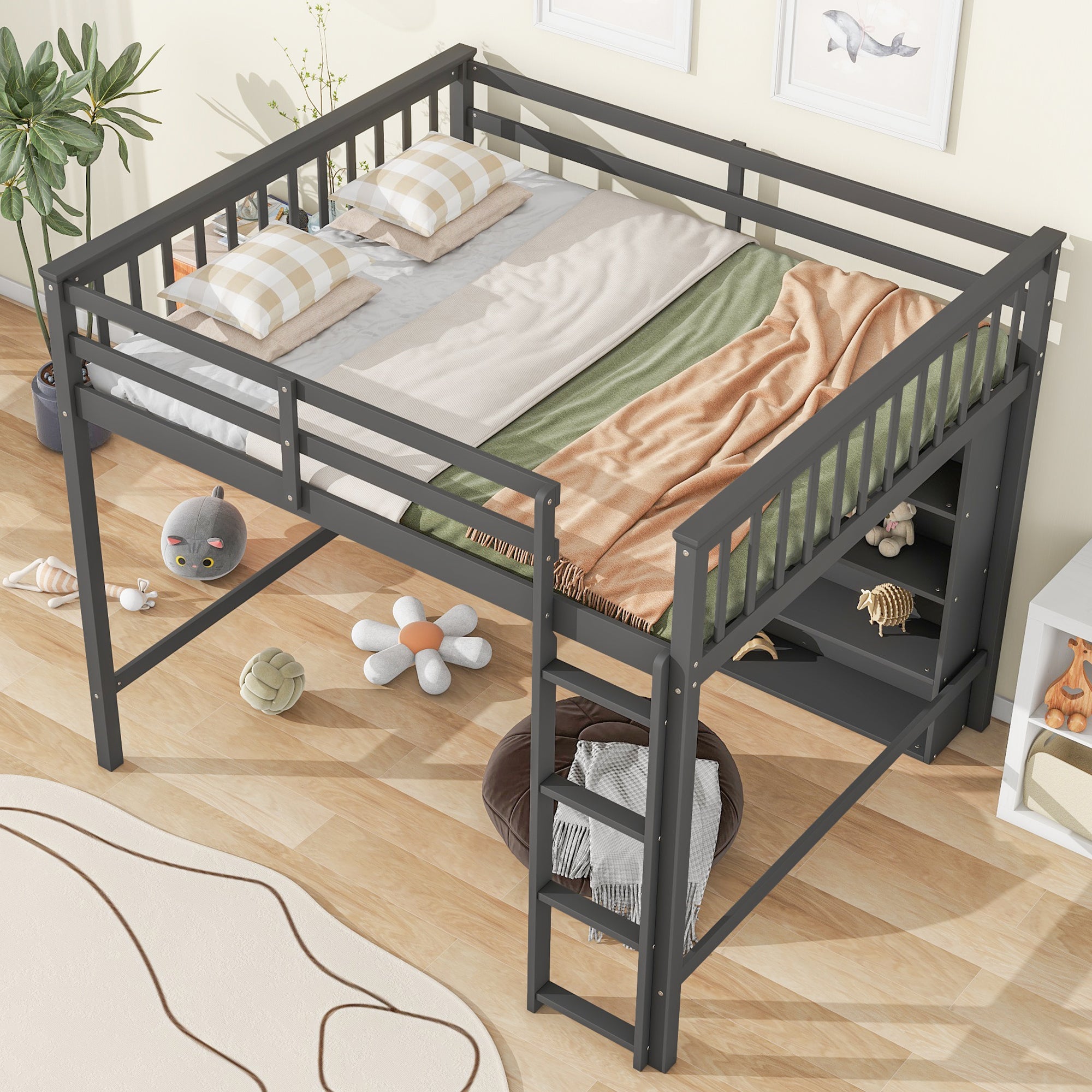 Full Size Loft Bed with 8 Open Storage Shelves and Built-in Ladder, Gray - Atlantic Fine Furniture Melbourne FL