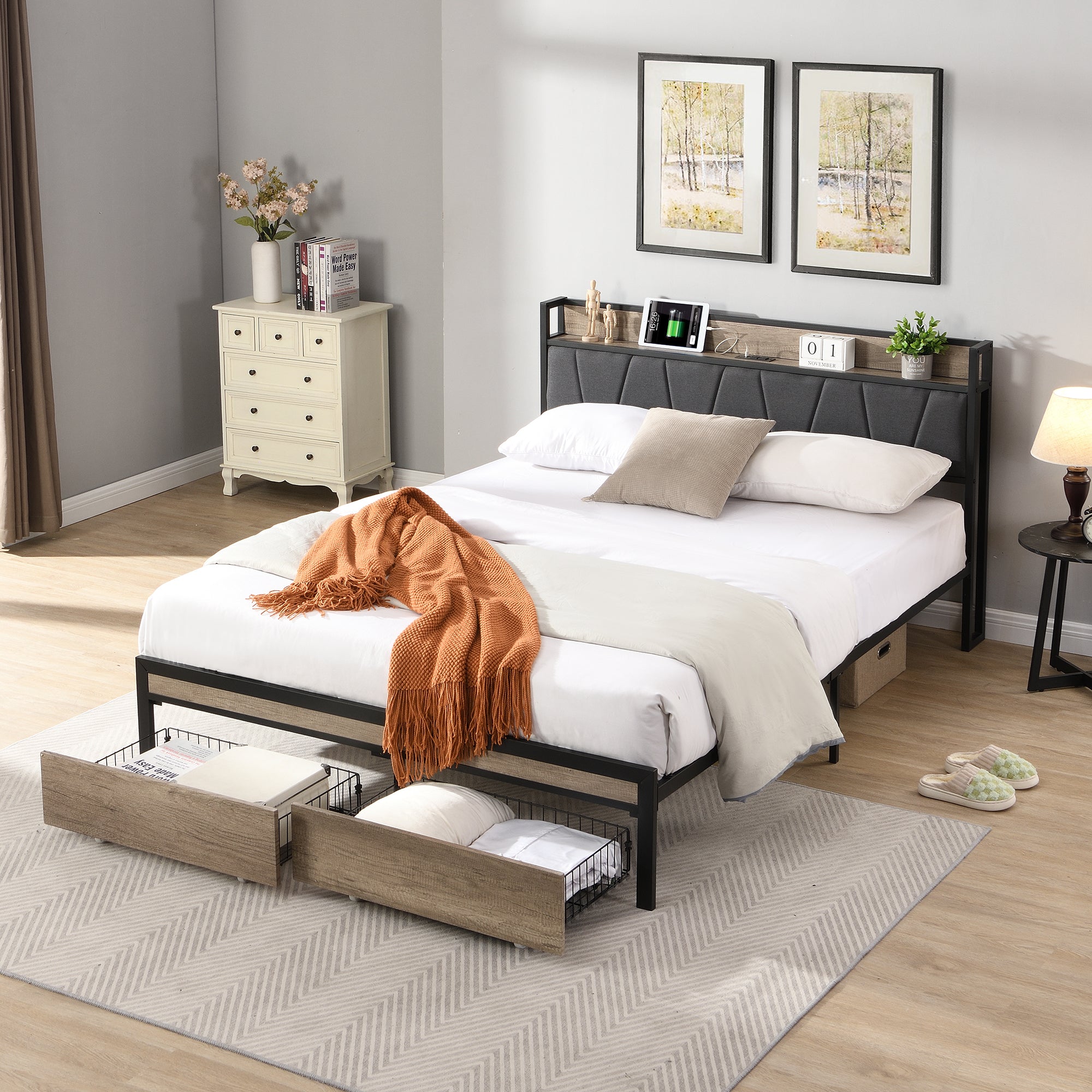 Queen Size Metal Platform Bed Frame with upholstery storage function Headboard and USB LINER and Footboard with drawers , No Box Spring Needed, Large Under Bed Storage, Easy Assemble