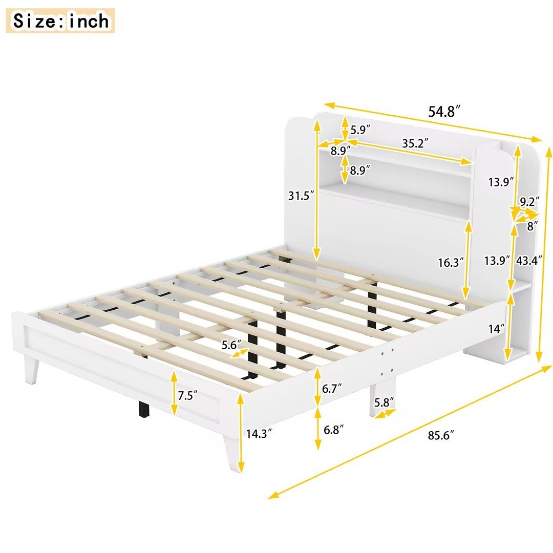 Full Size Platform Bed with Storage Headboard,Multiple Storage Shelves on Both Sides,White - Atlantic Fine Furniture Melbourne FL