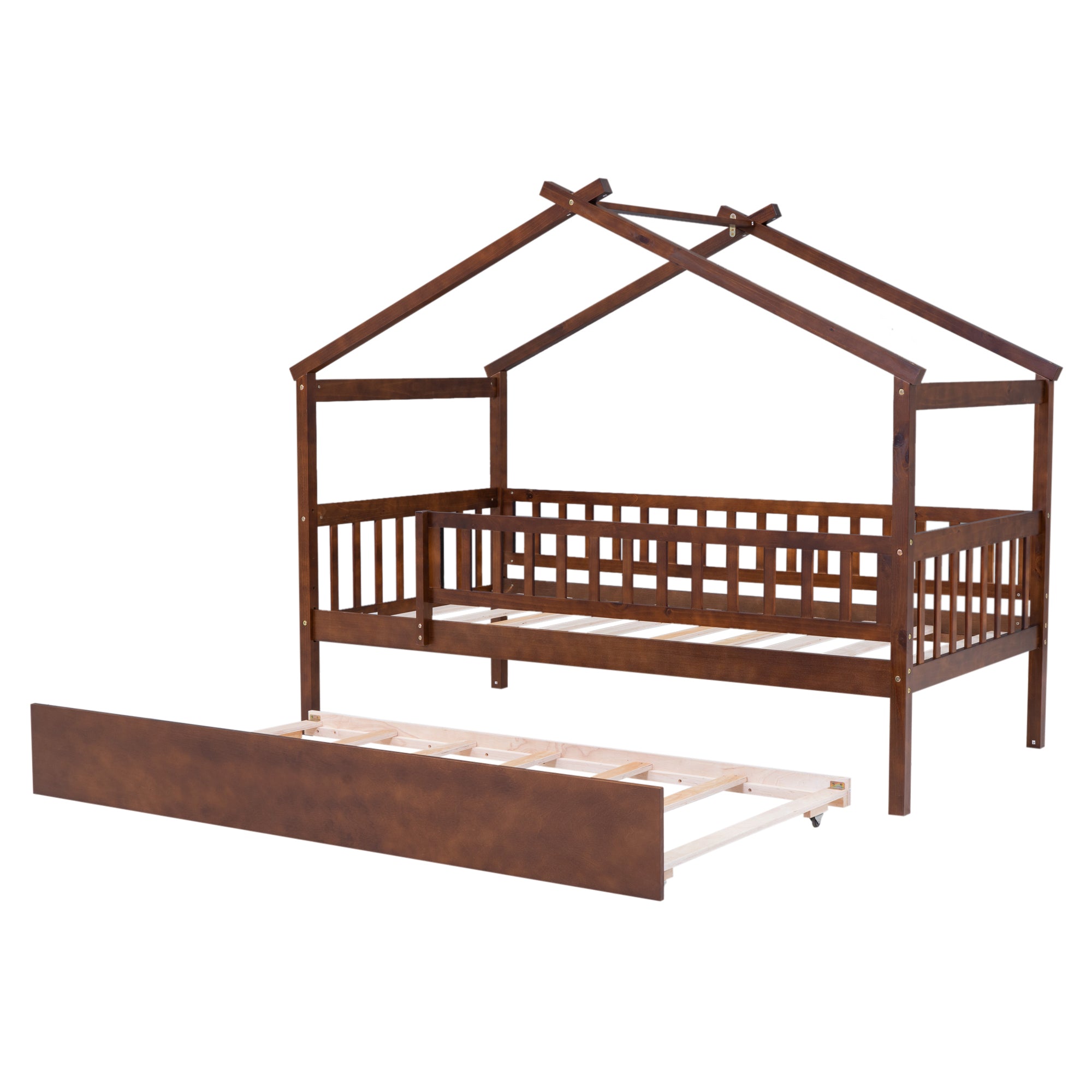 Twin Size Wooden House Bed with Twin Size Trundle, Walnut - Atlantic Fine Furniture Melbourne FL
