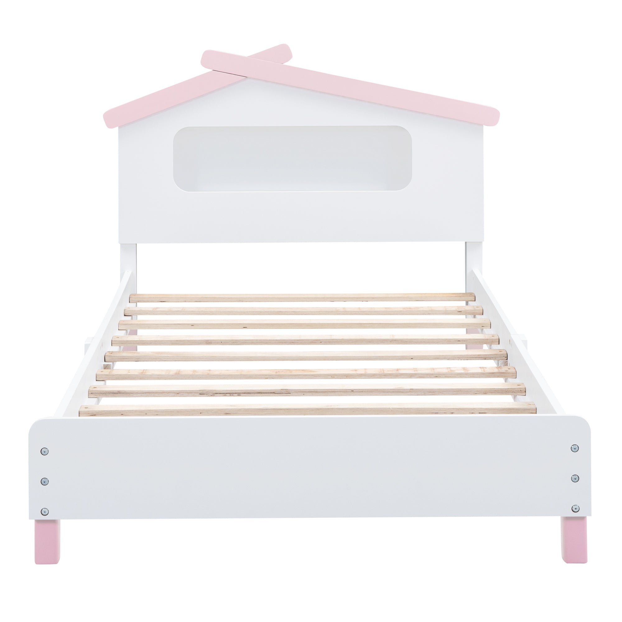 Twin Size Wood Platform Bed with House-shaped Headboard and Motion Activated Night Lights (White+Pink) - Atlantic Fine Furniture Melbourne FL