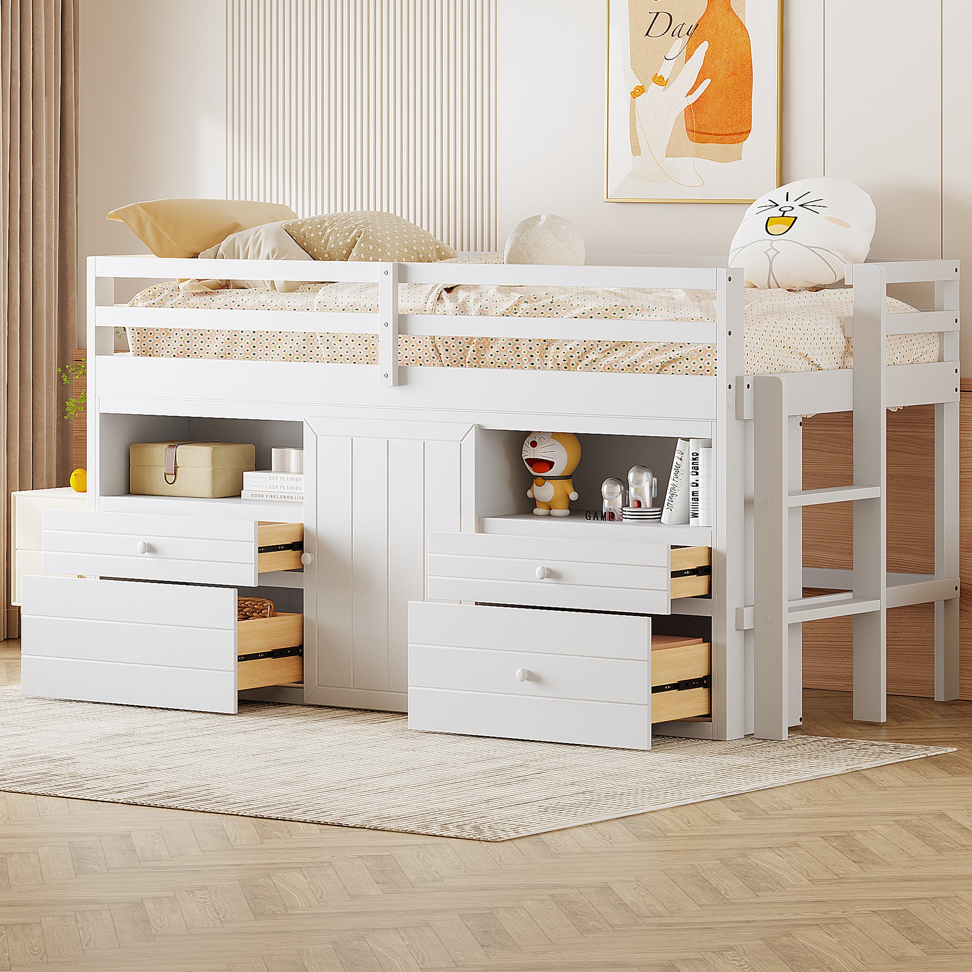 Twin Size Loft Bed with 4 Drawers, Underneath Cabinet and Shelves, White - Atlantic Fine Furniture Melbourne FL